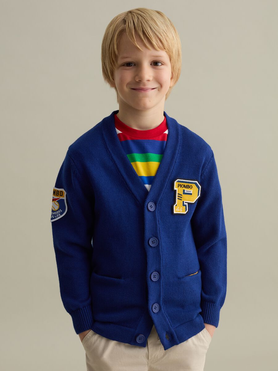 Cotton cardigan with V neck and logo patch_0