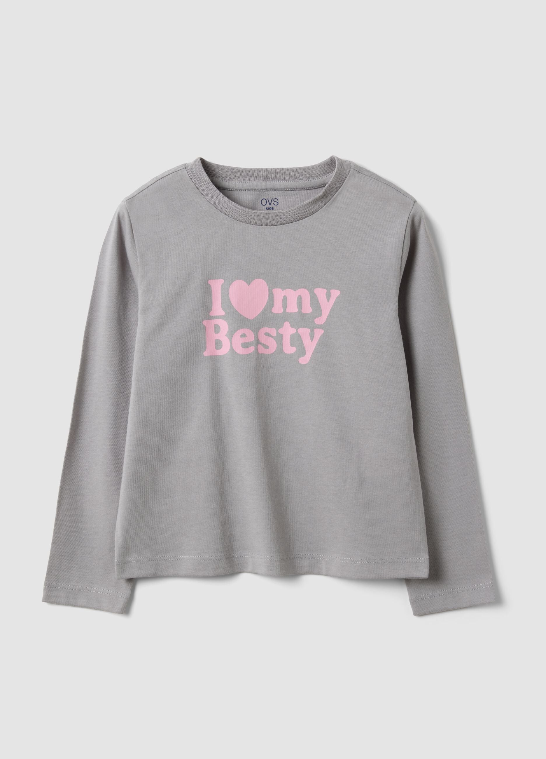 Girls&rsquo; grey organic cotton T-shirt with front print, regular fit
