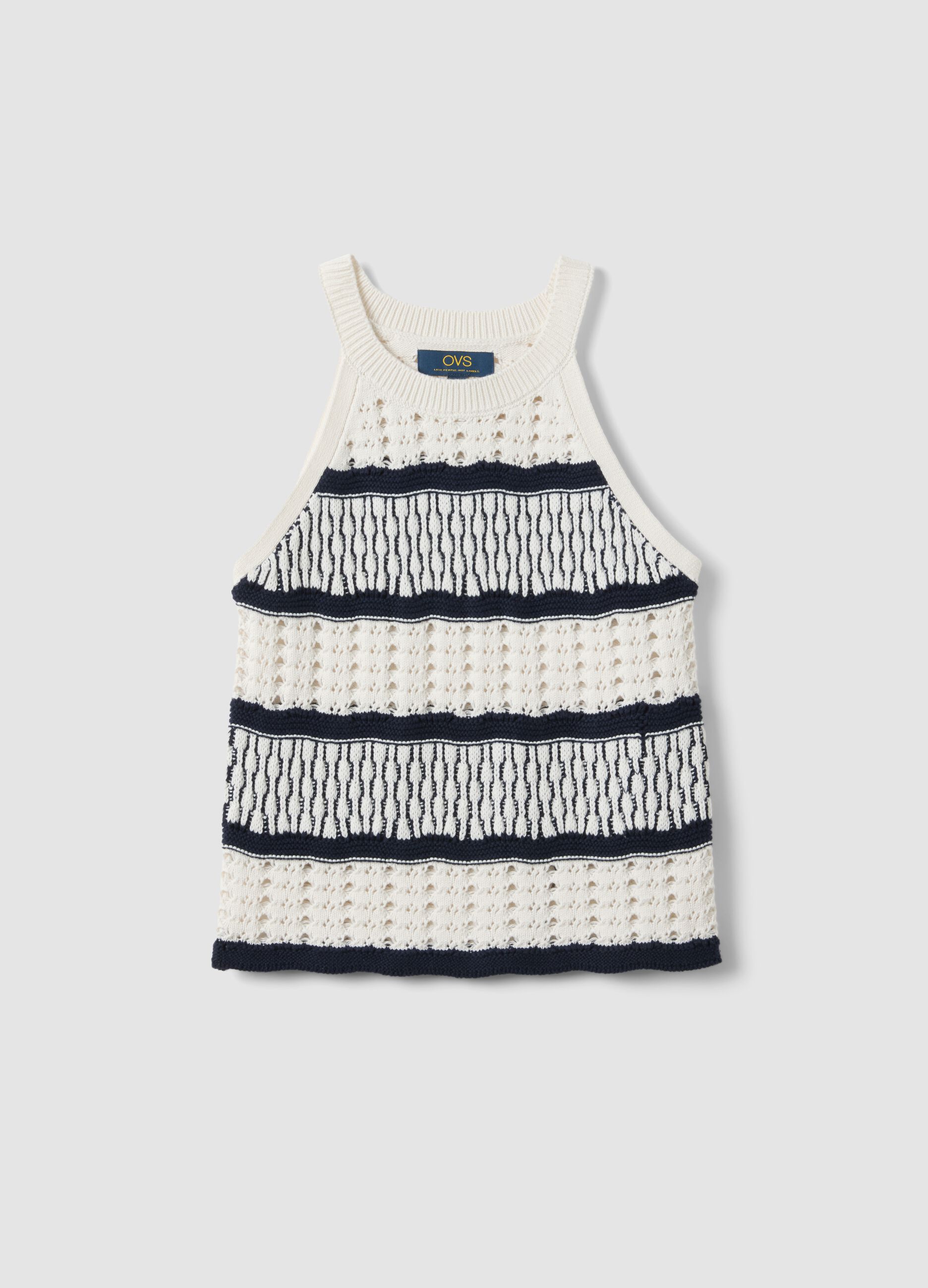 Canotta fitted in puro cotone a righe multicolor con texture a rete