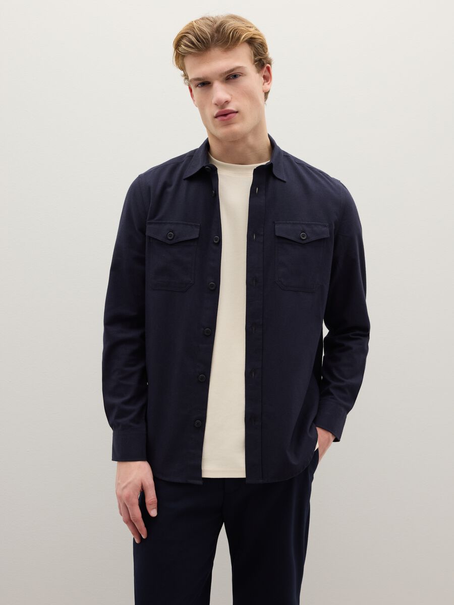 Black cotton and wool blend shirt regular fit with classic collar_0