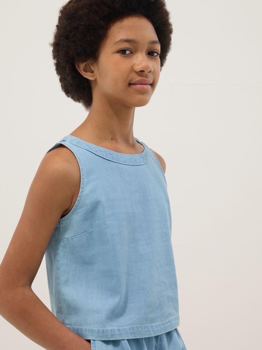 Blusa senza maniche denim azzurra in puro cotone da ragazza_2