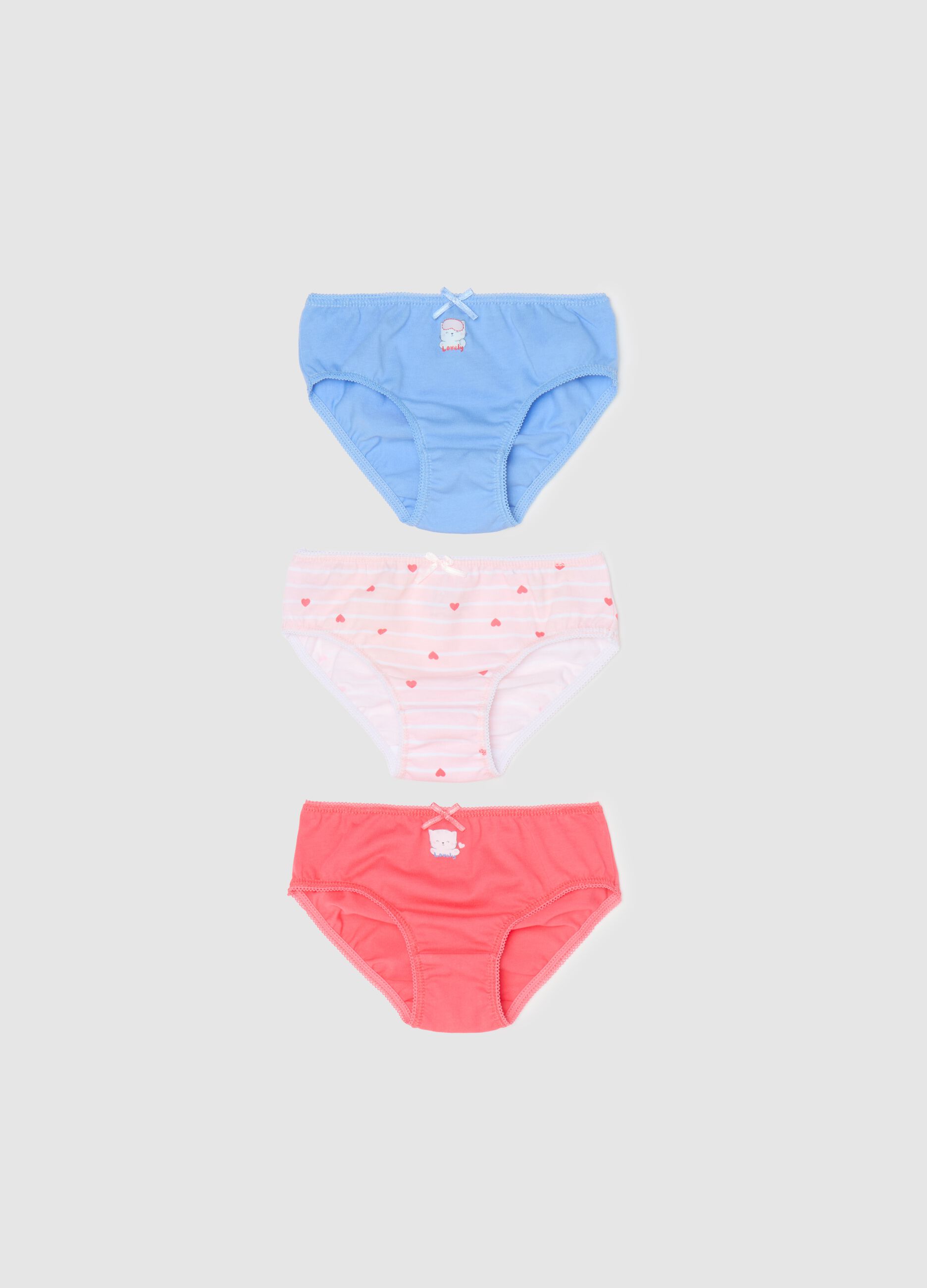 Three-pack briefs in cotton with bow and print