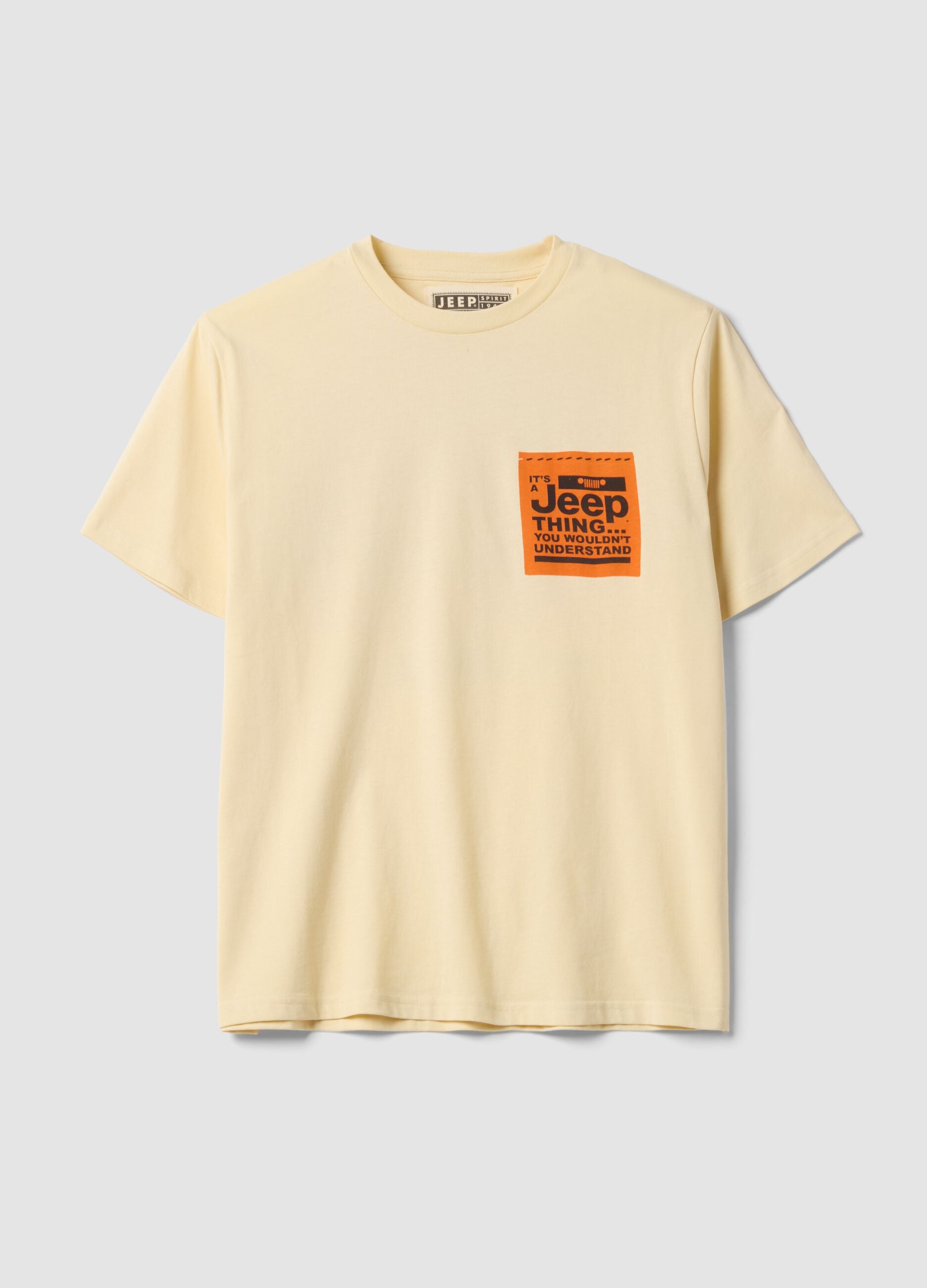 Beige pure cotton crew-neck T-shirt with Jeep print