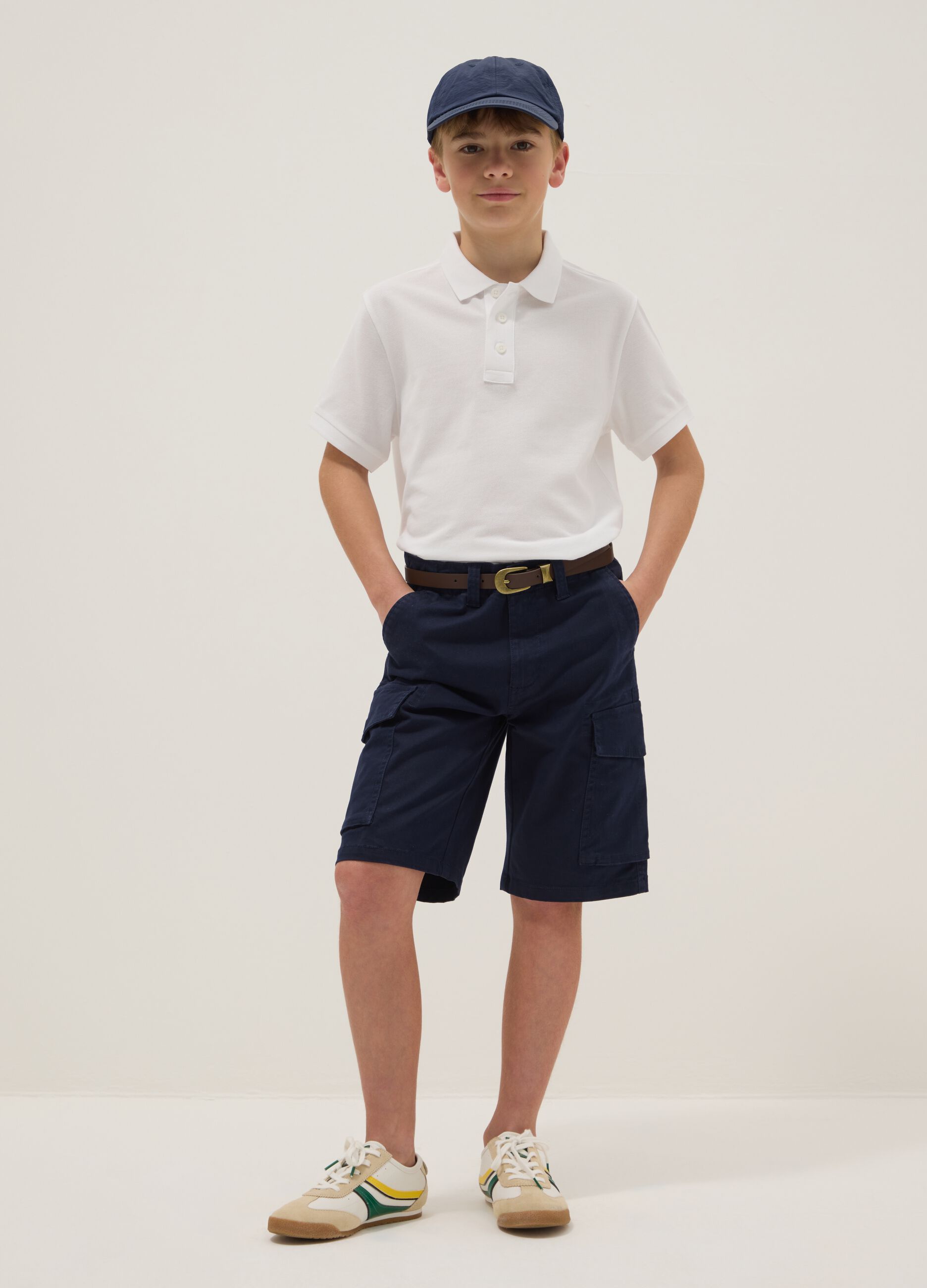 Boys' blue stretch cotton cargo shorts, regular fit