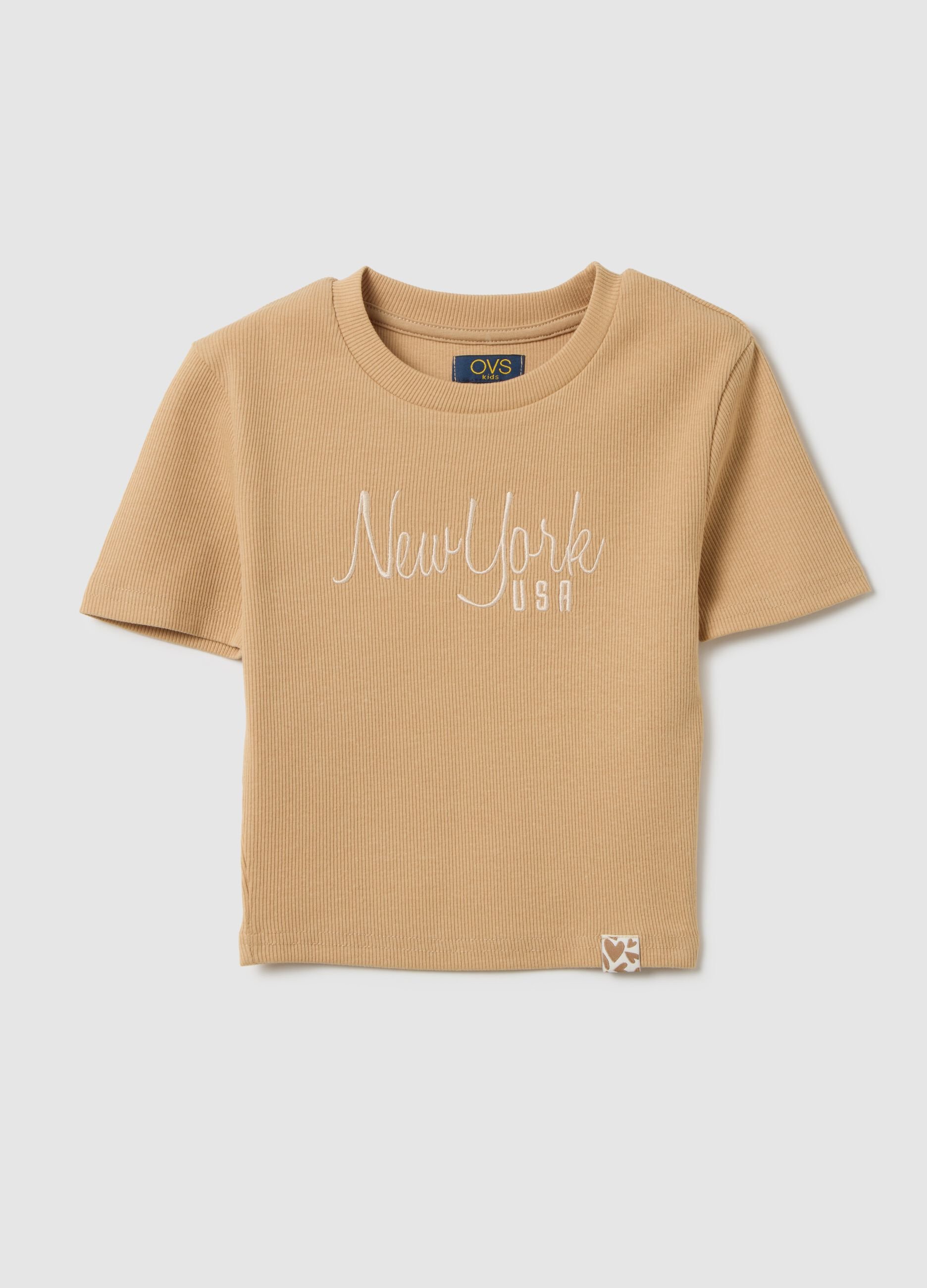 Girls' fitted beige stretch cotton t-shirt