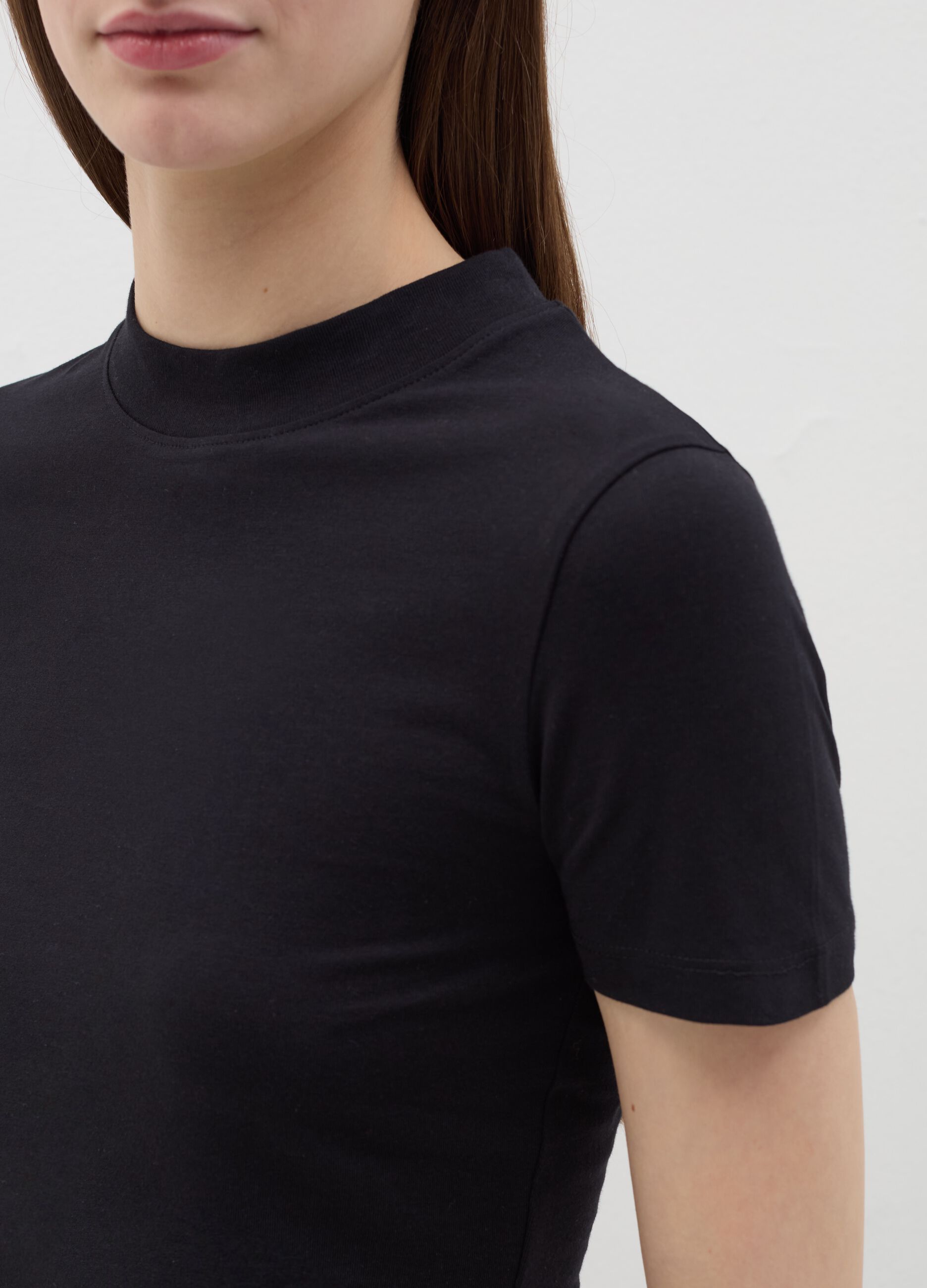 Stretch cotton T-shirt with mock neck