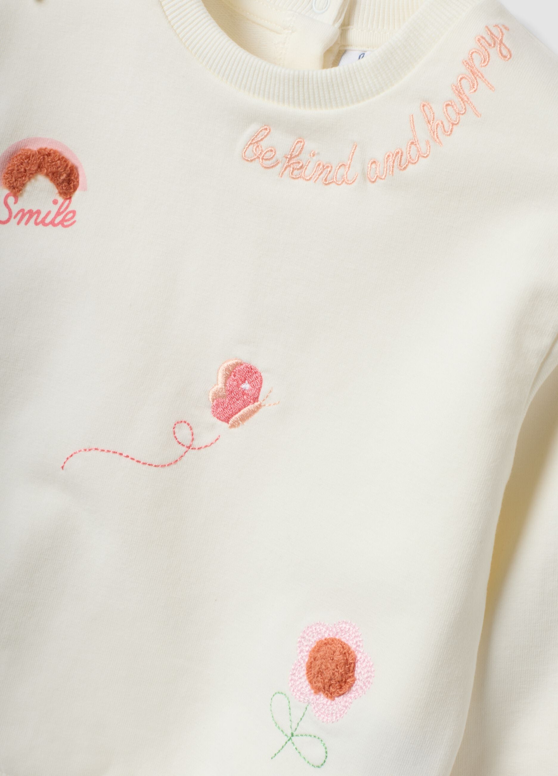 White stretch cotton sweatshirt with embroidered detail for baby girl, regular fit