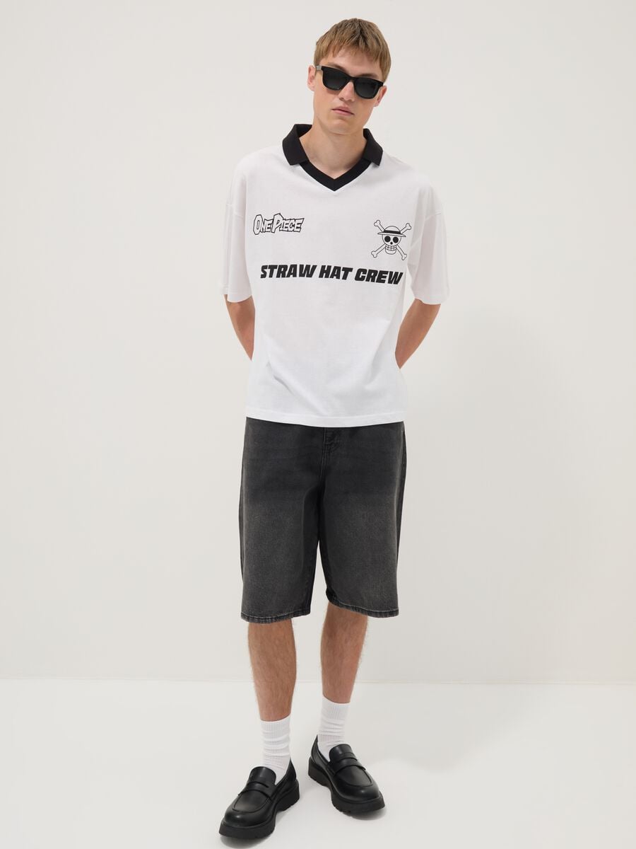 T-shirt bianca in puro cotone con colletto a contrasto_1