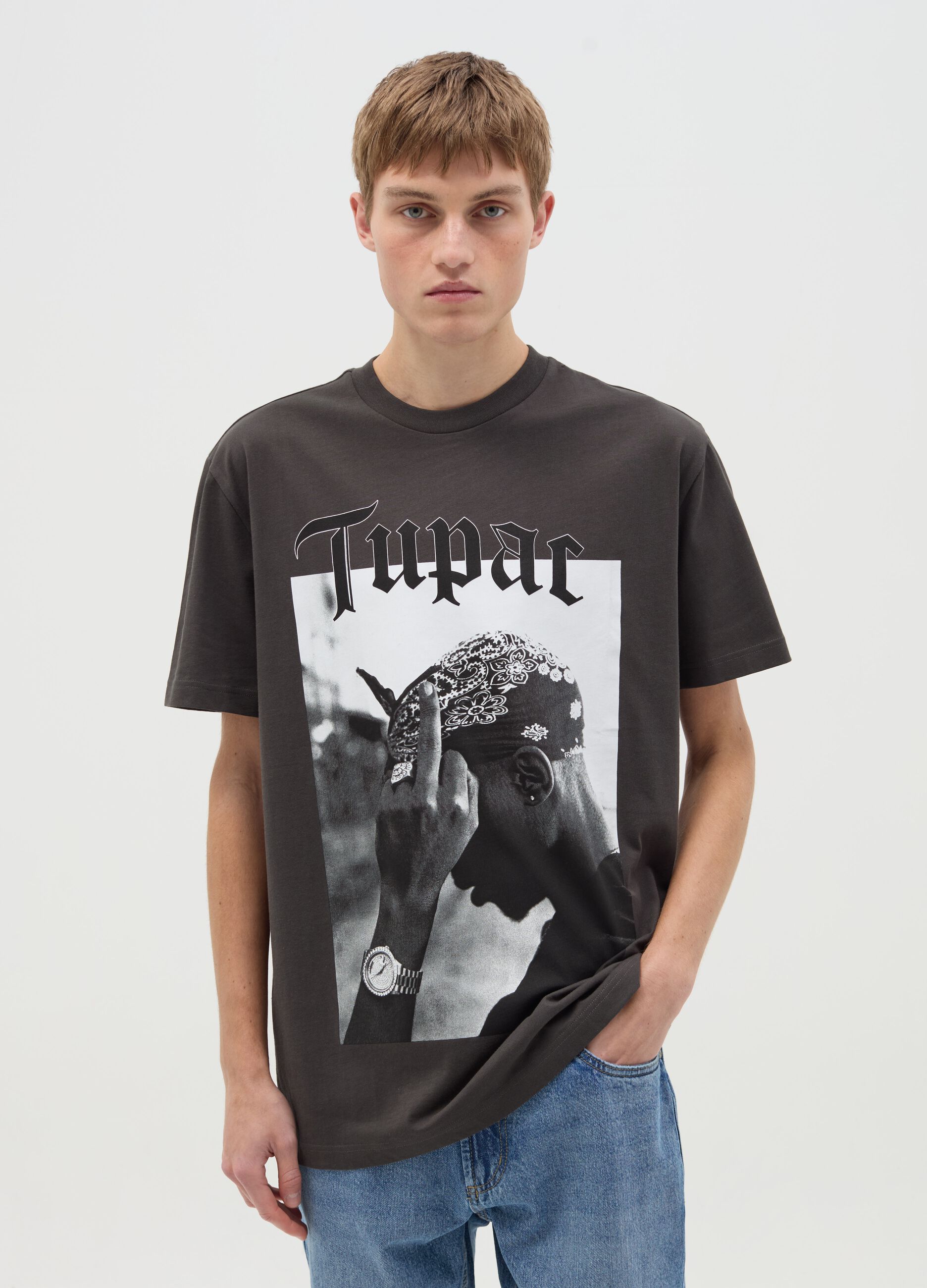Cotton T-shirt with Tupac print