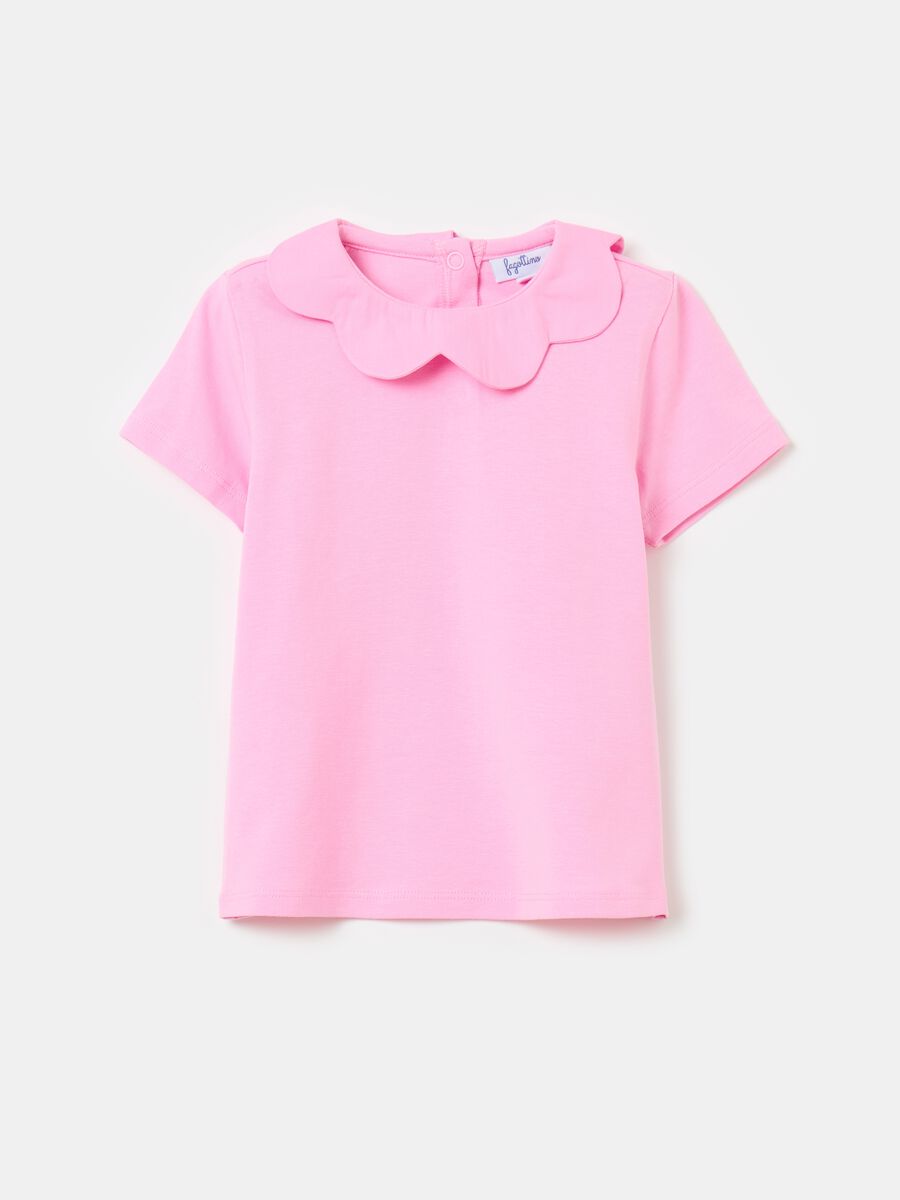 T-shirt in cotone stretch con colletto a fiore_0