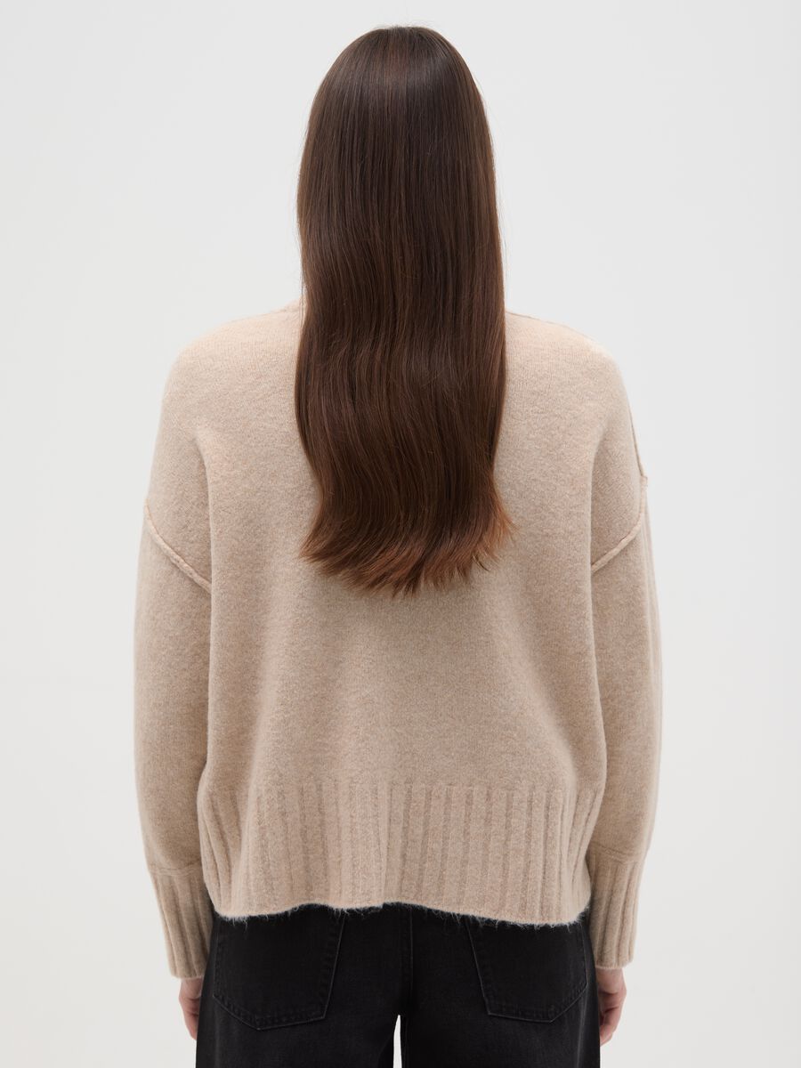 Beige stretch fabric oversized fit pullover with crew neck_2