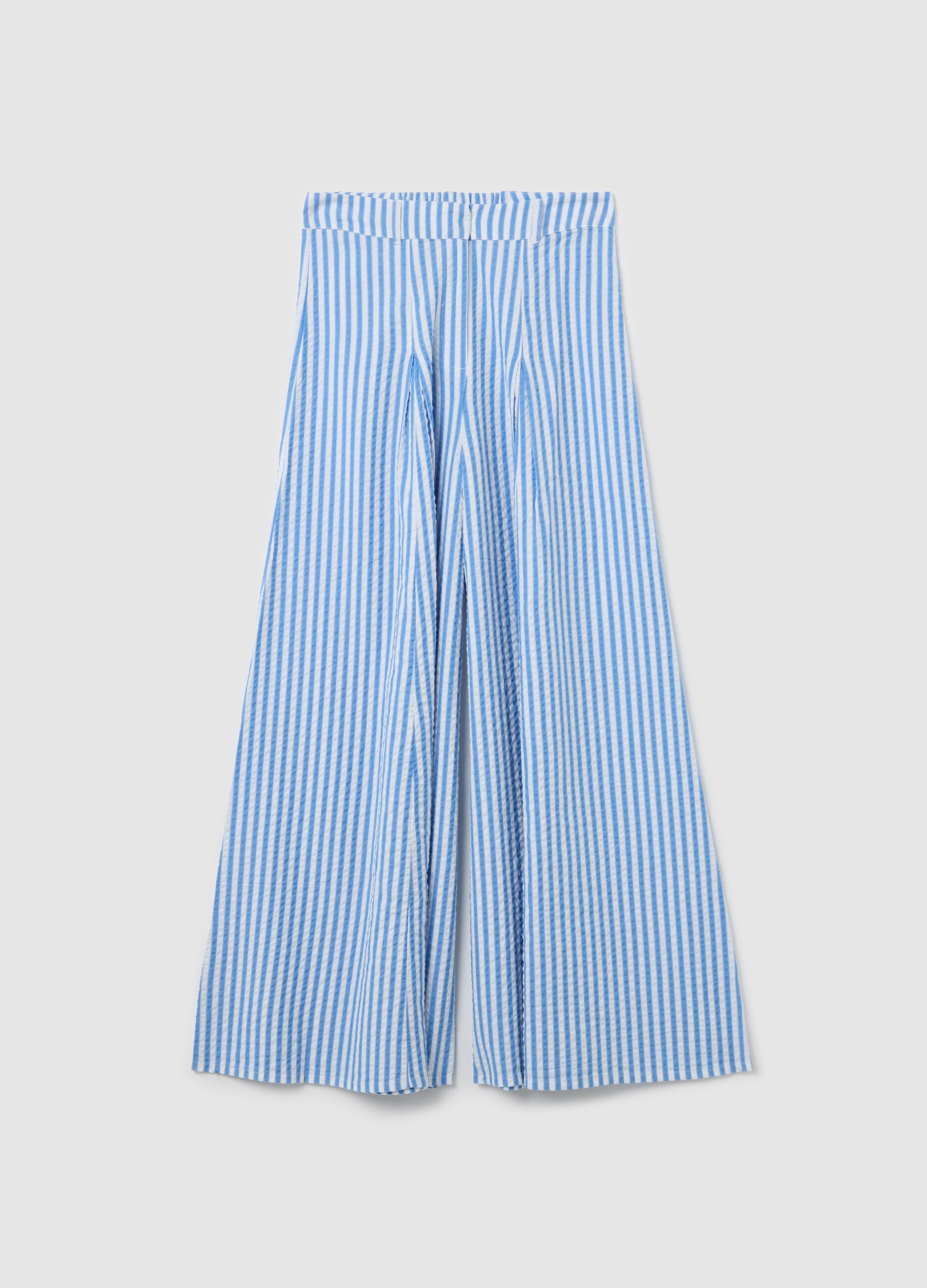 Pantalone flare fit in seersucker a righe blu