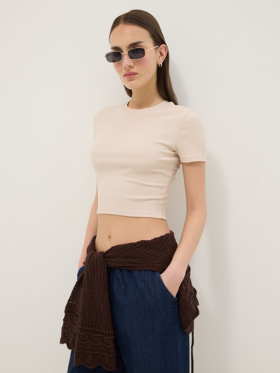 Beige ribbed fitted stretch-cotton T-shirt_0