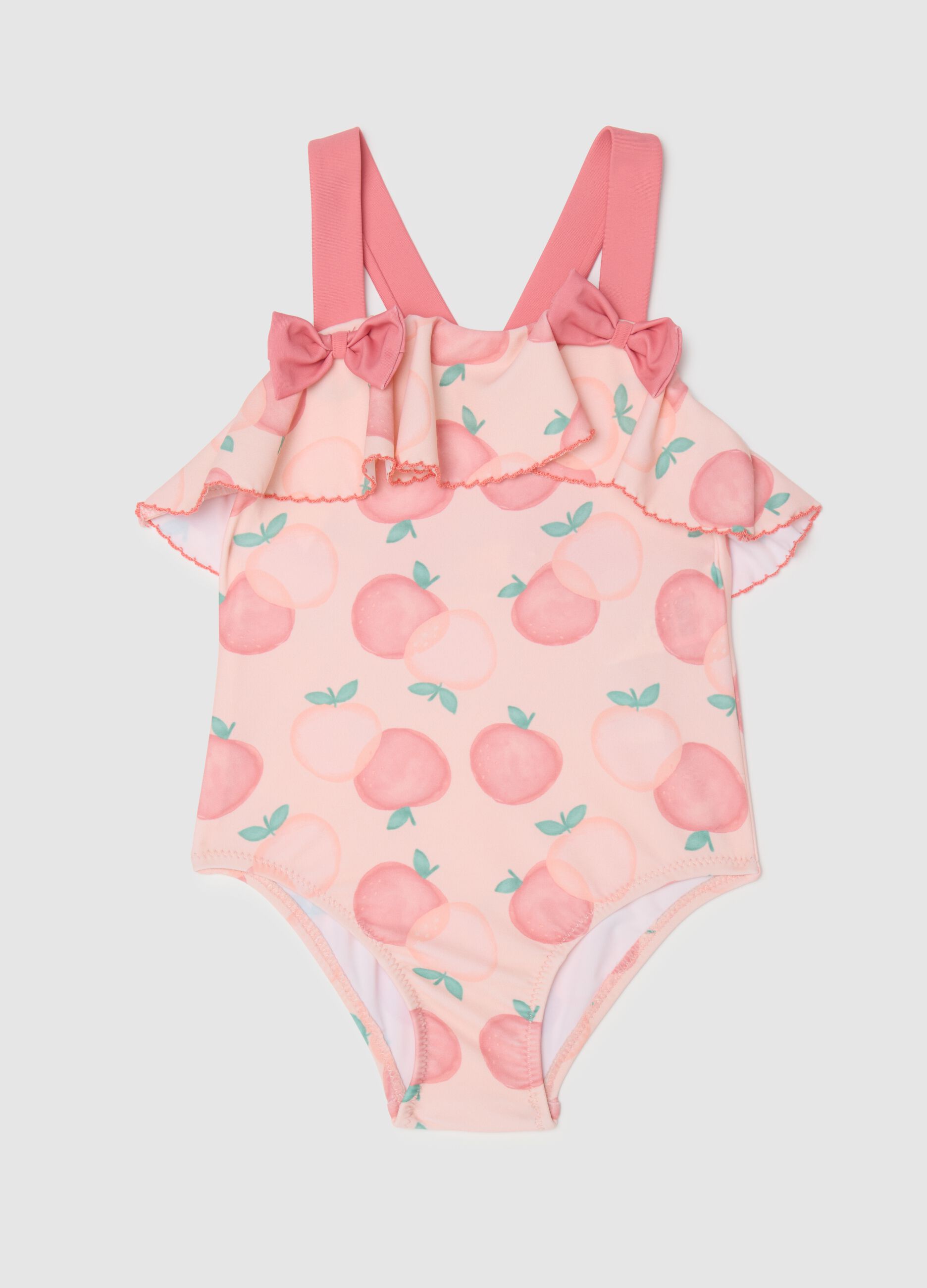 Girls' Pink Stretch Blend Swimsuit with Peach Print and Ruffles