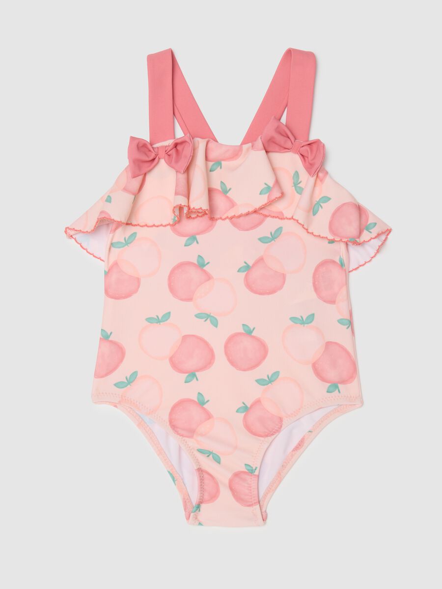 Girls' Pink Stretch Blend Swimsuit with Peach Print and Ruffles_0