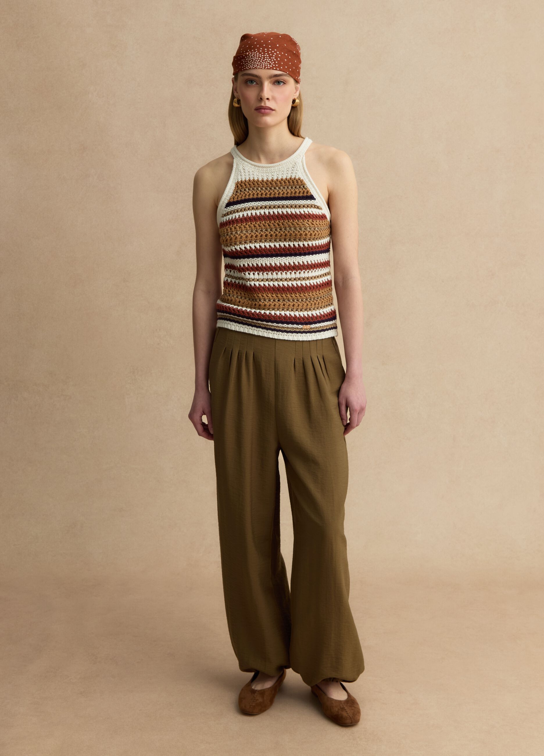 Multicolour striped fitted knitted cotton-blend top