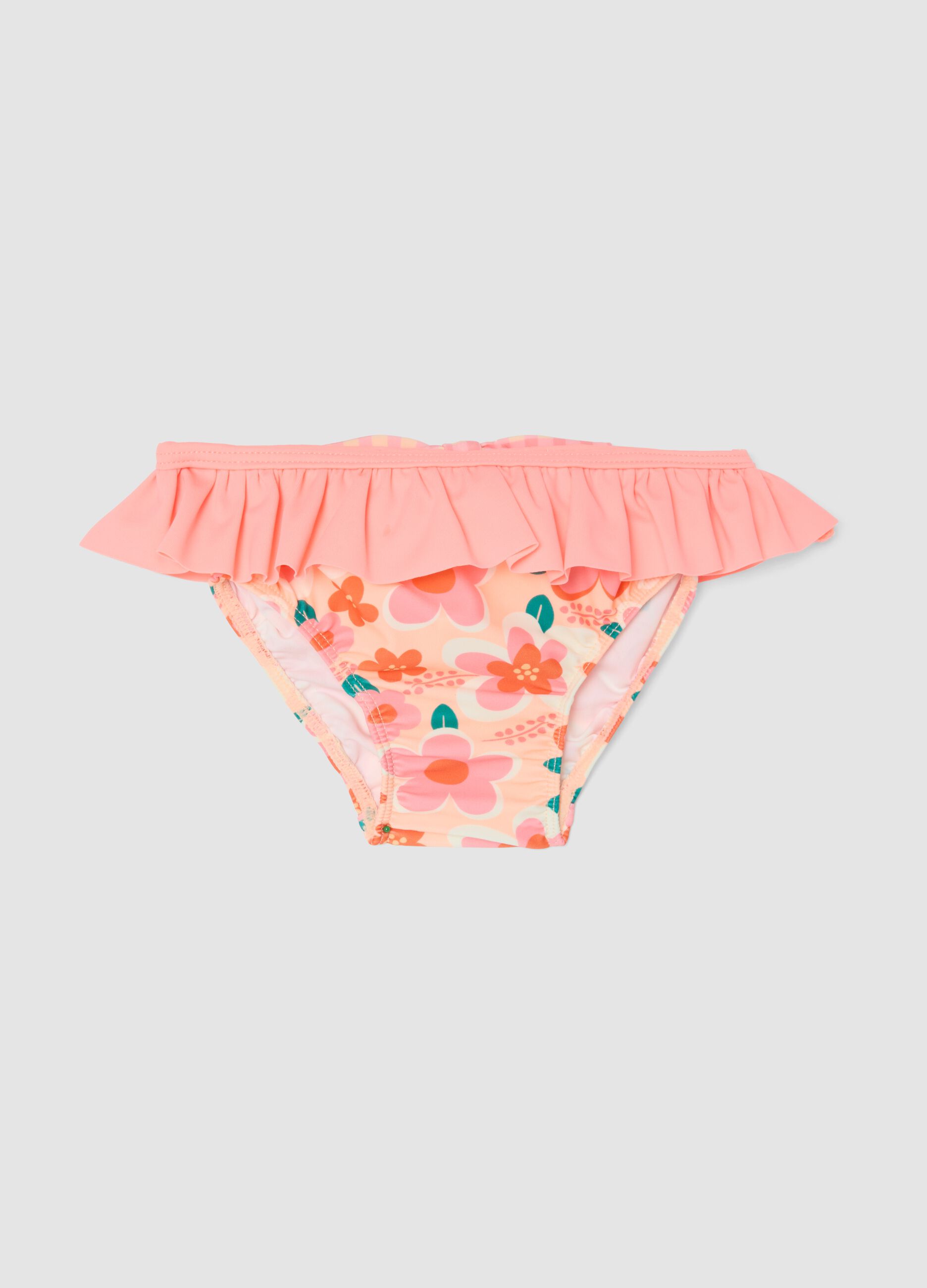 Pink stretchy fabric swim briefs with ruffles for baby girls