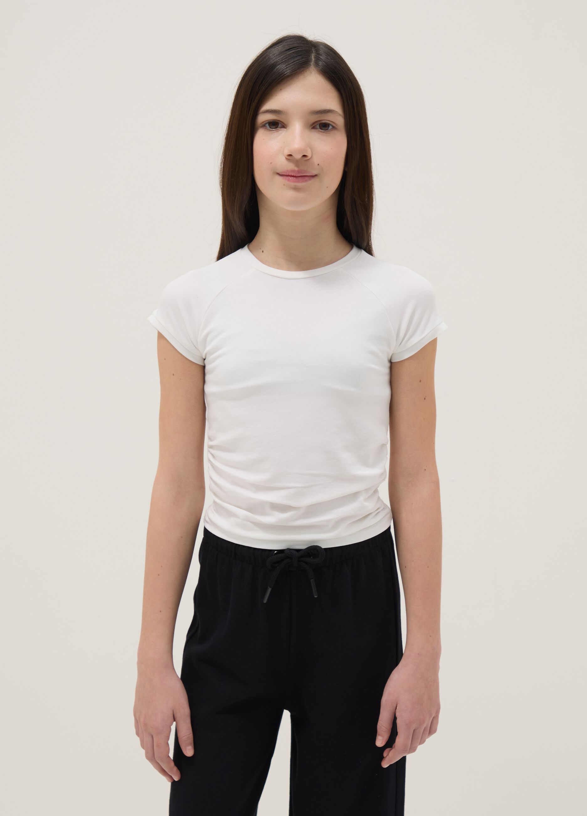 Girls' White Stretch Cotton Slim Fit T-shirt