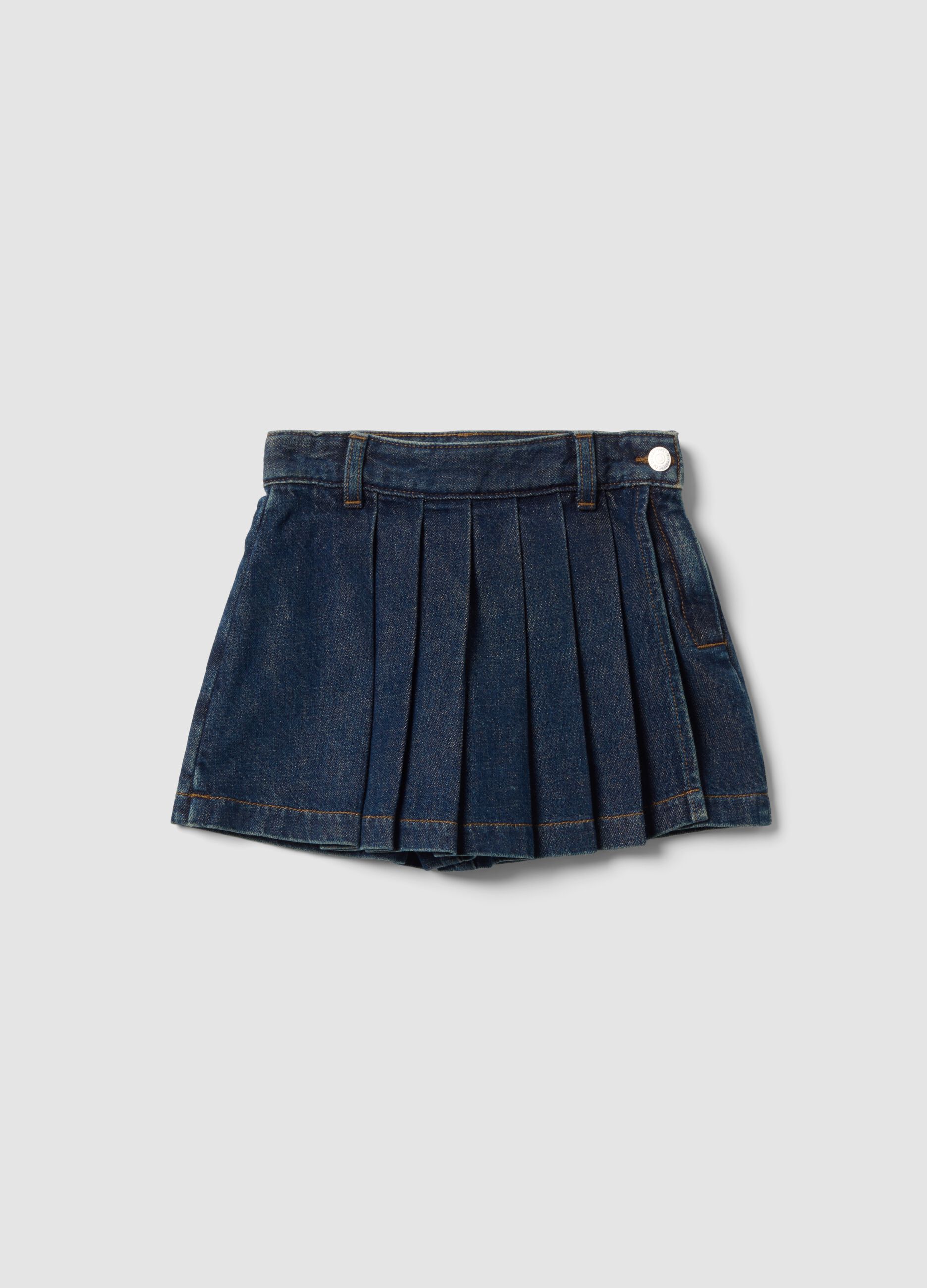 Blue denim skort in pure cotton with pleats for girls