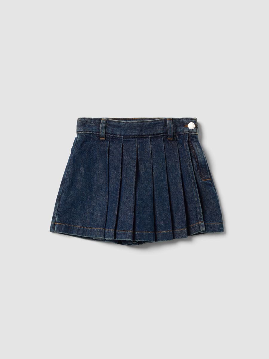 Blue denim skort in pure cotton with pleats for girls_0