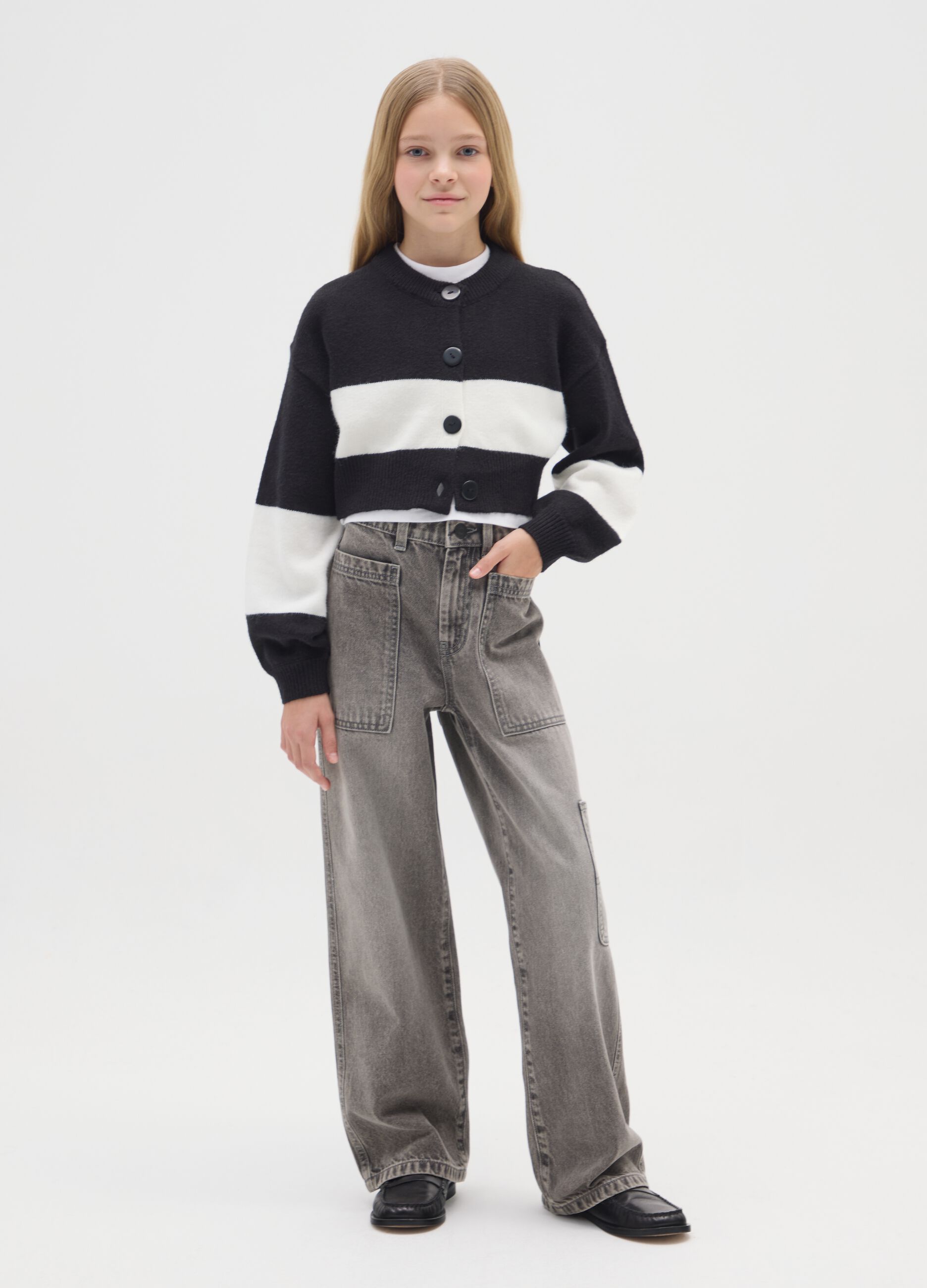 Jeans da ragazza in puro cotone grigi skater fit