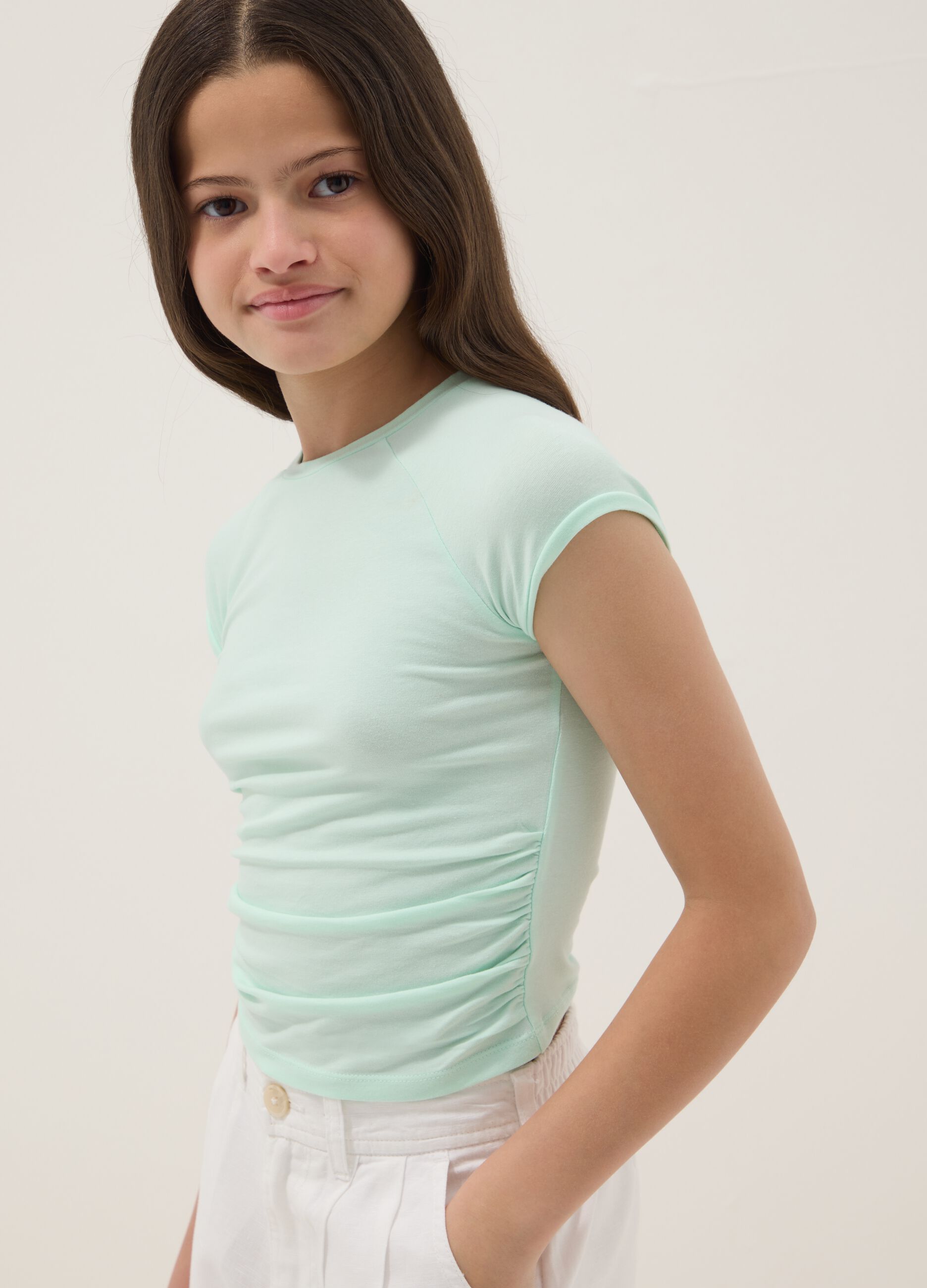 Girls' green slim fit stretch cotton T-shirt