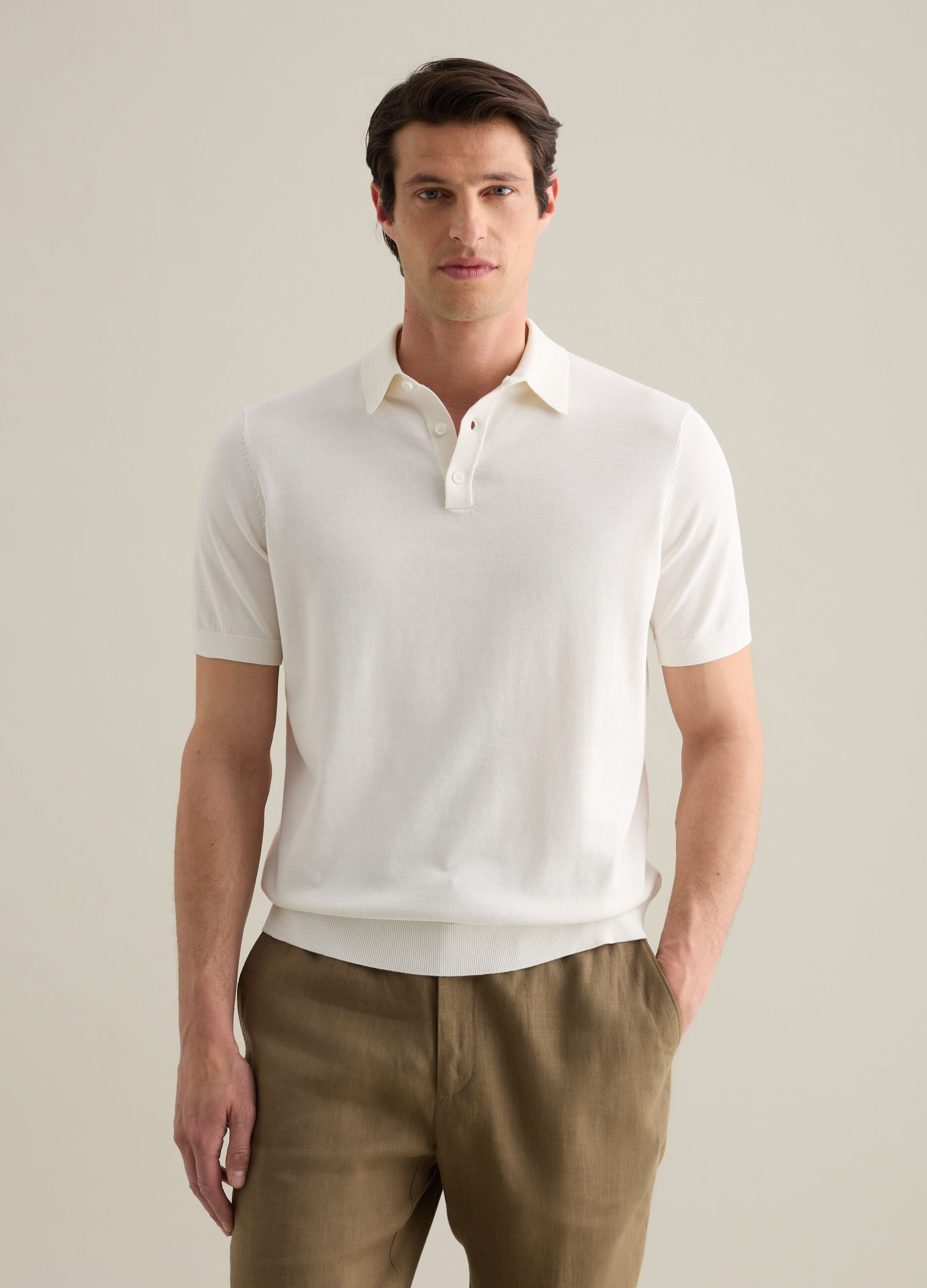 White polo shirt in cotton, silk, and linen
