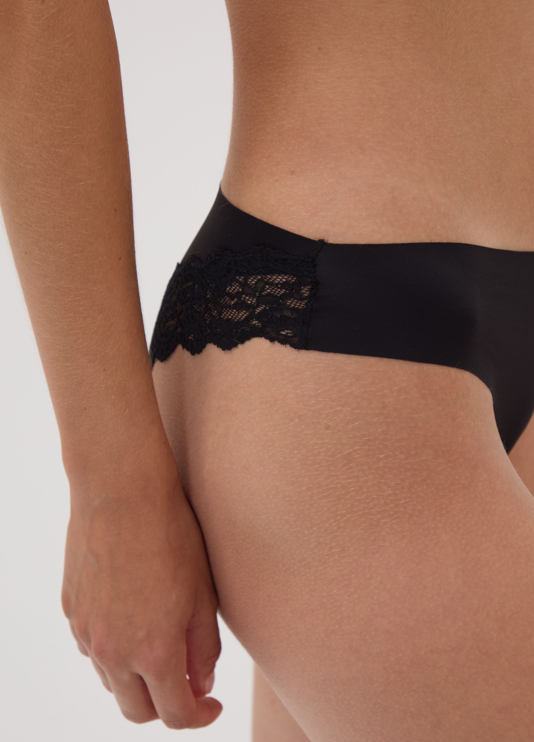 Black Brazilian briefs in stretch microfibre with lace