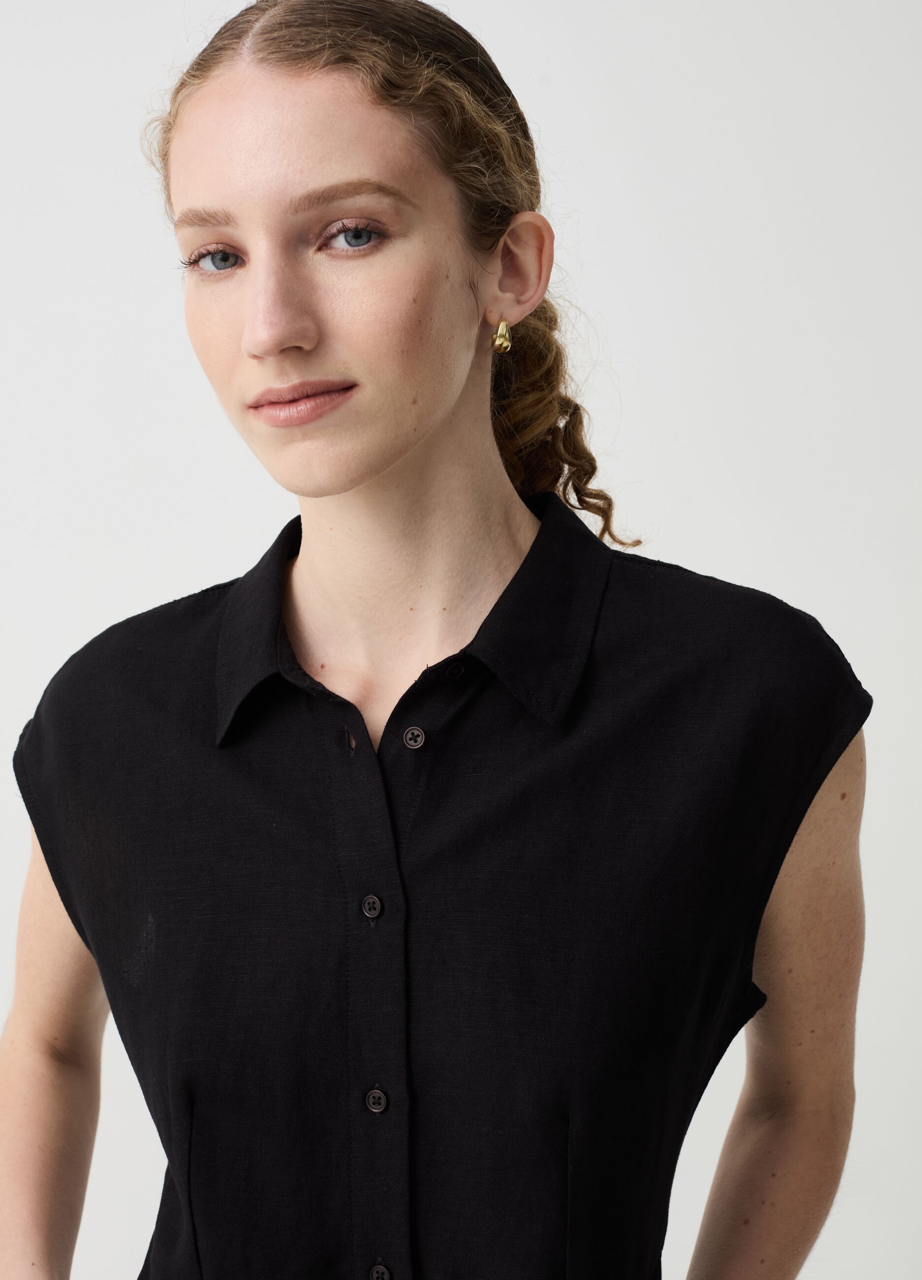 Short shirt dress in linen and viscose