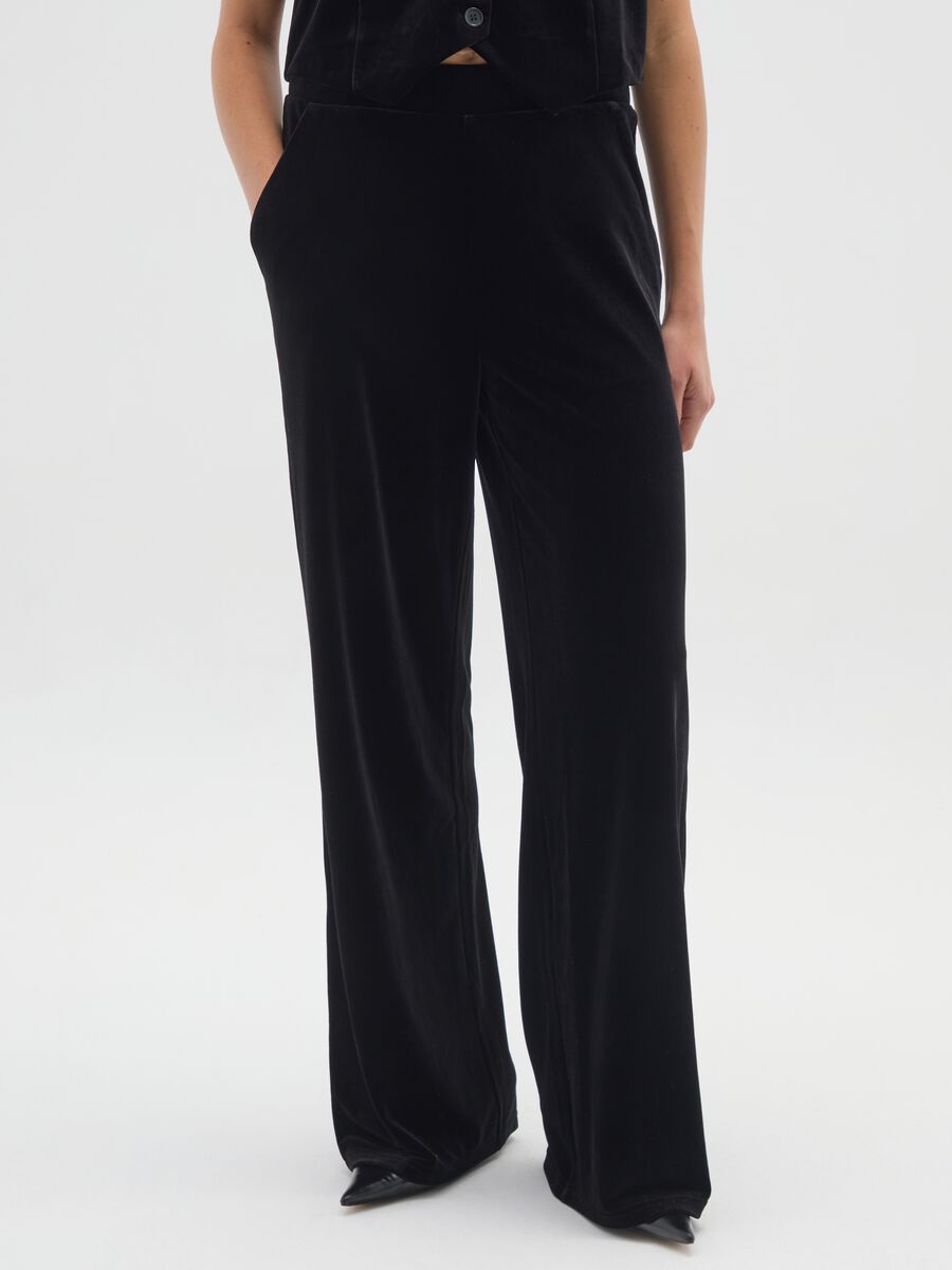 Black Velour Wide Leg Trousers_1