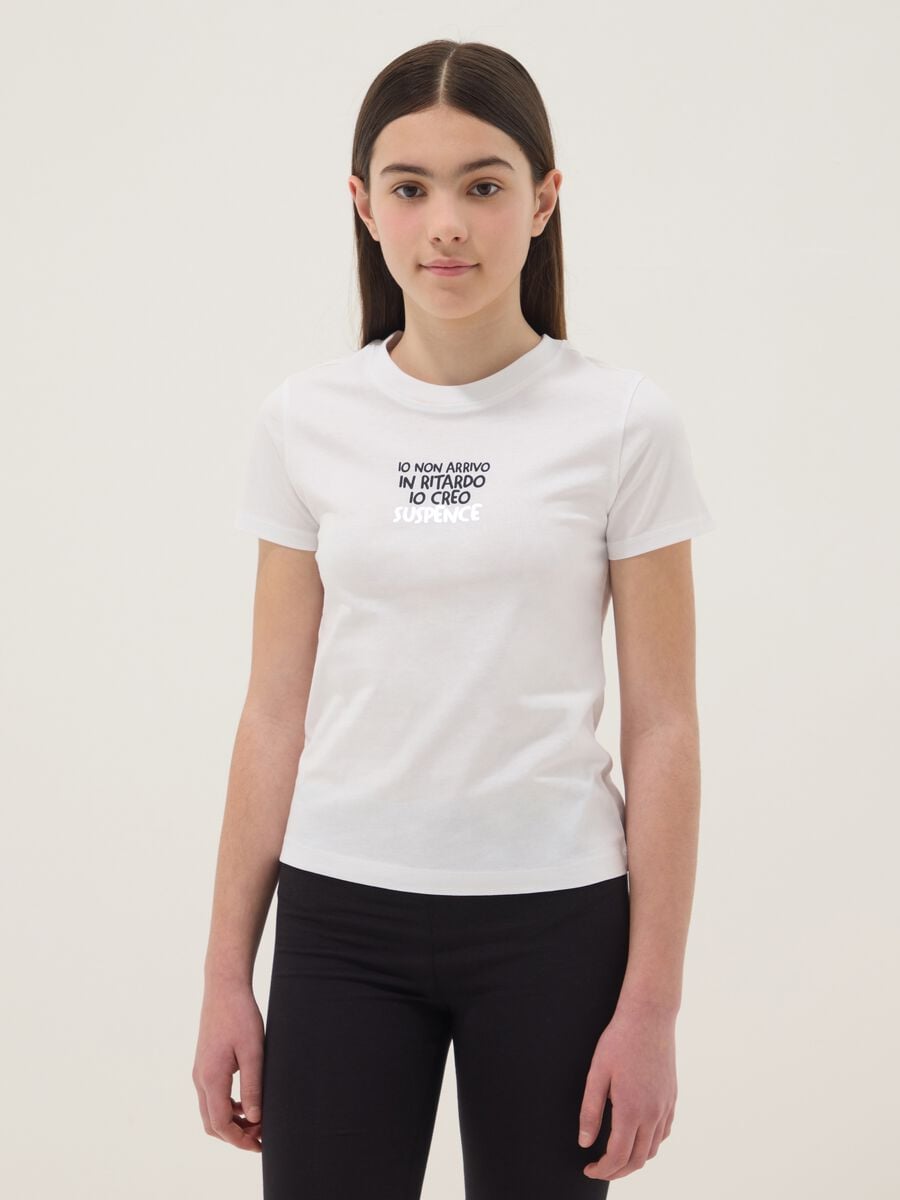 Girls' regular fit white pure cotton T-shirt with phrase_0