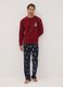 Long red pyjama set with crew neck top and patterned trousers_0