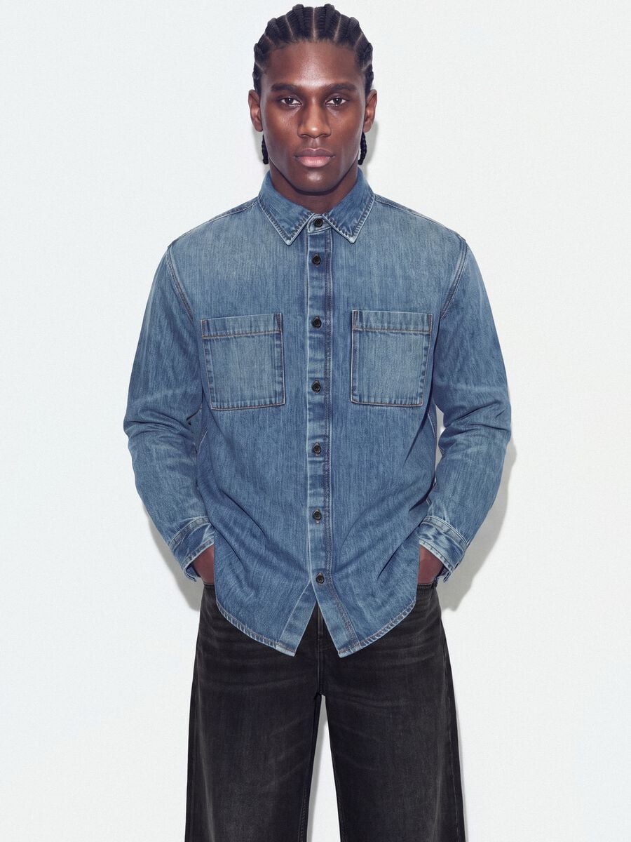 Blue pure cotton denim shirt, regular fit_0