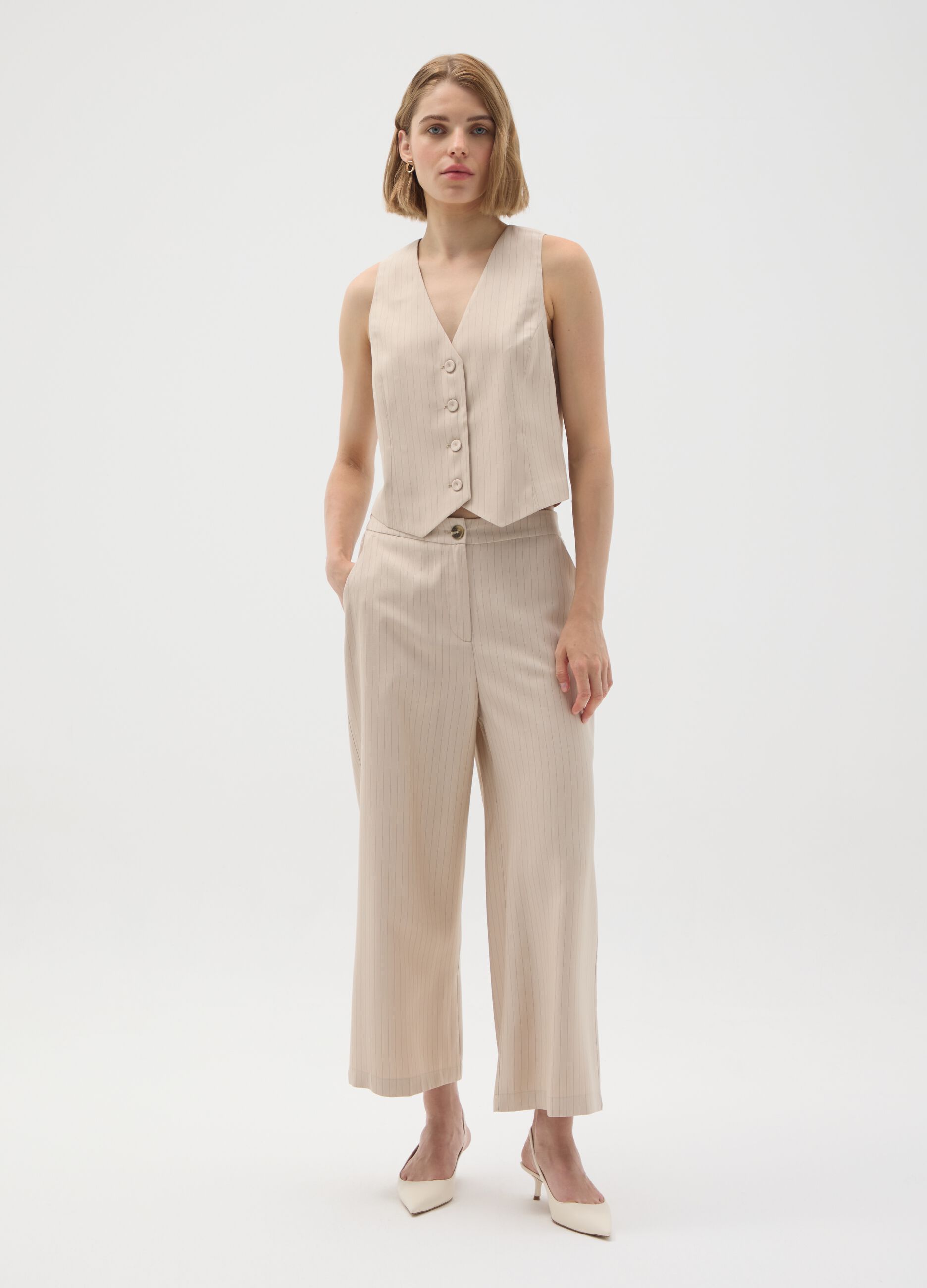 Beige Striped Wide Leg Trousers