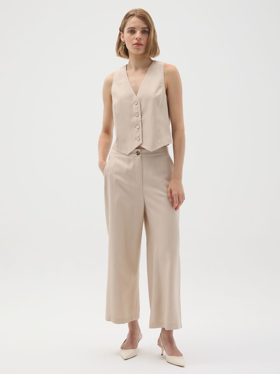 Beige Striped Wide Leg Trousers_0