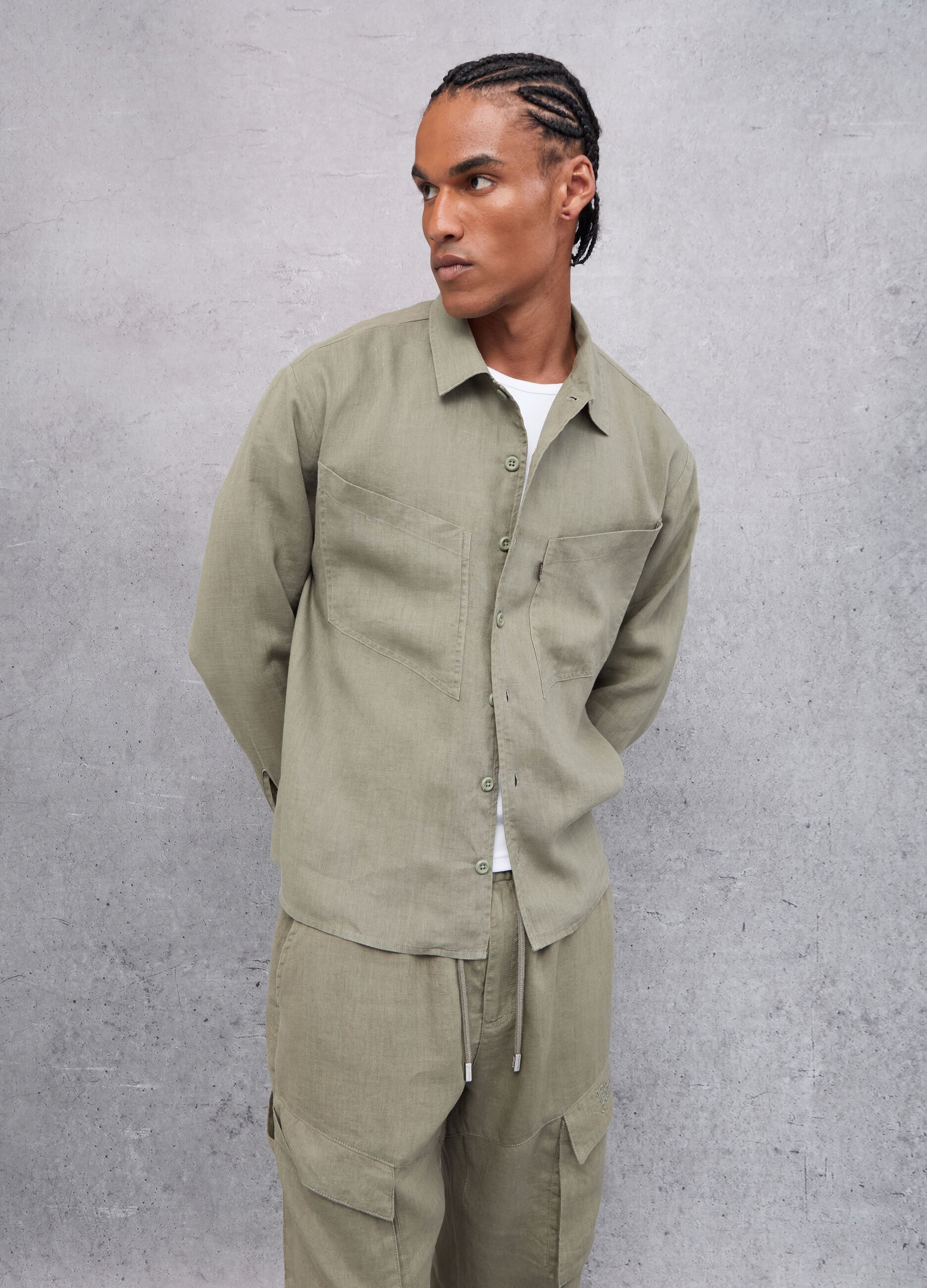 100% Linen Cargo Shirt Military Green 