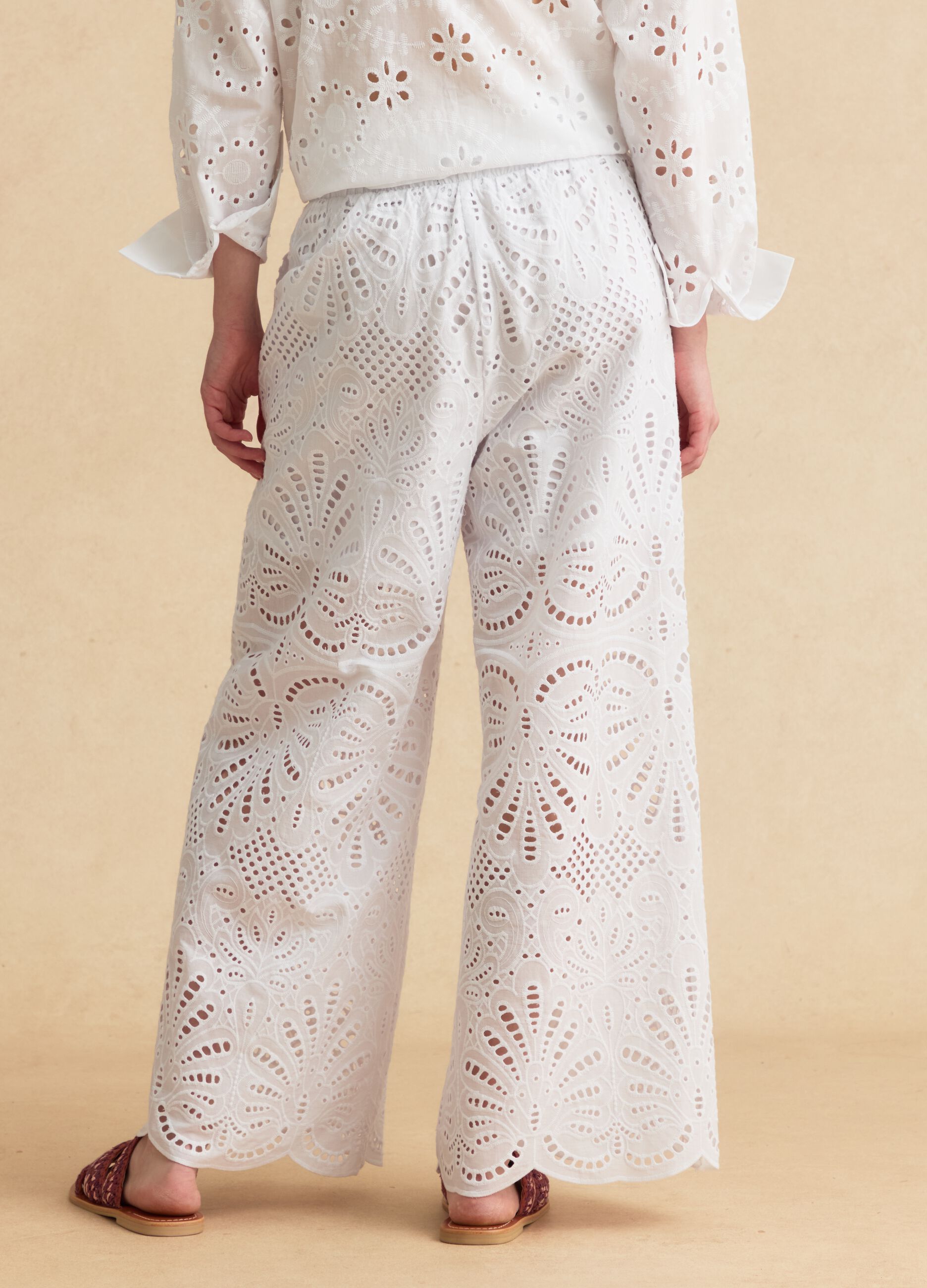 White pure cotton broderie anglaise palazzo trousers