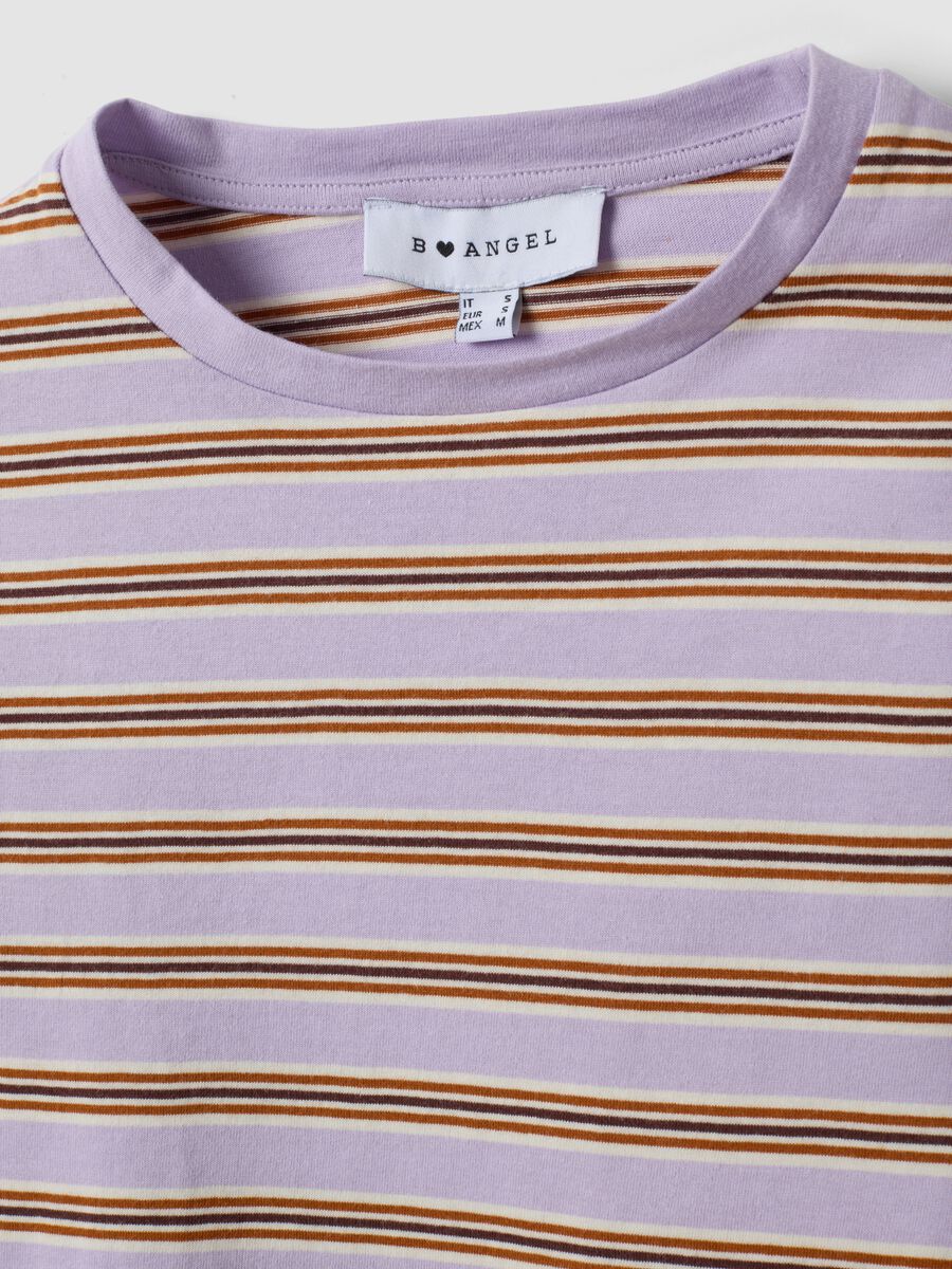 T-shirt crop viola in puro cotone a righe con stampa_5
