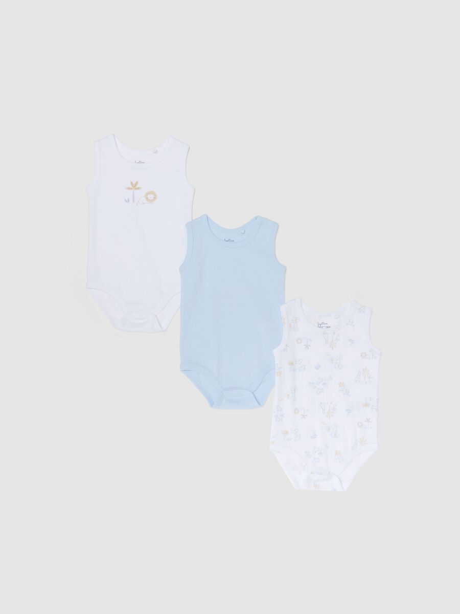 Multicolour sleeveless cotton bodysuit tripack for newborns_0