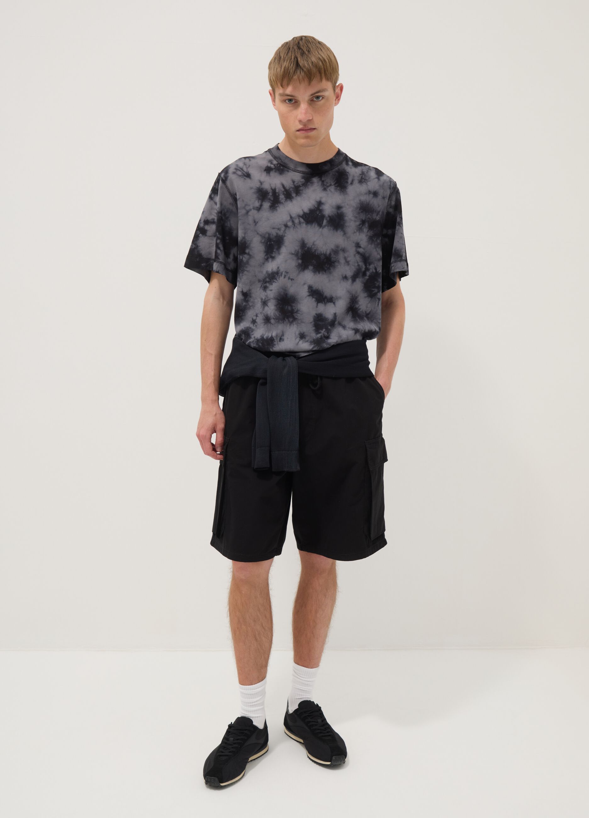 Blue pure cotton T-shirt with tie-dye print