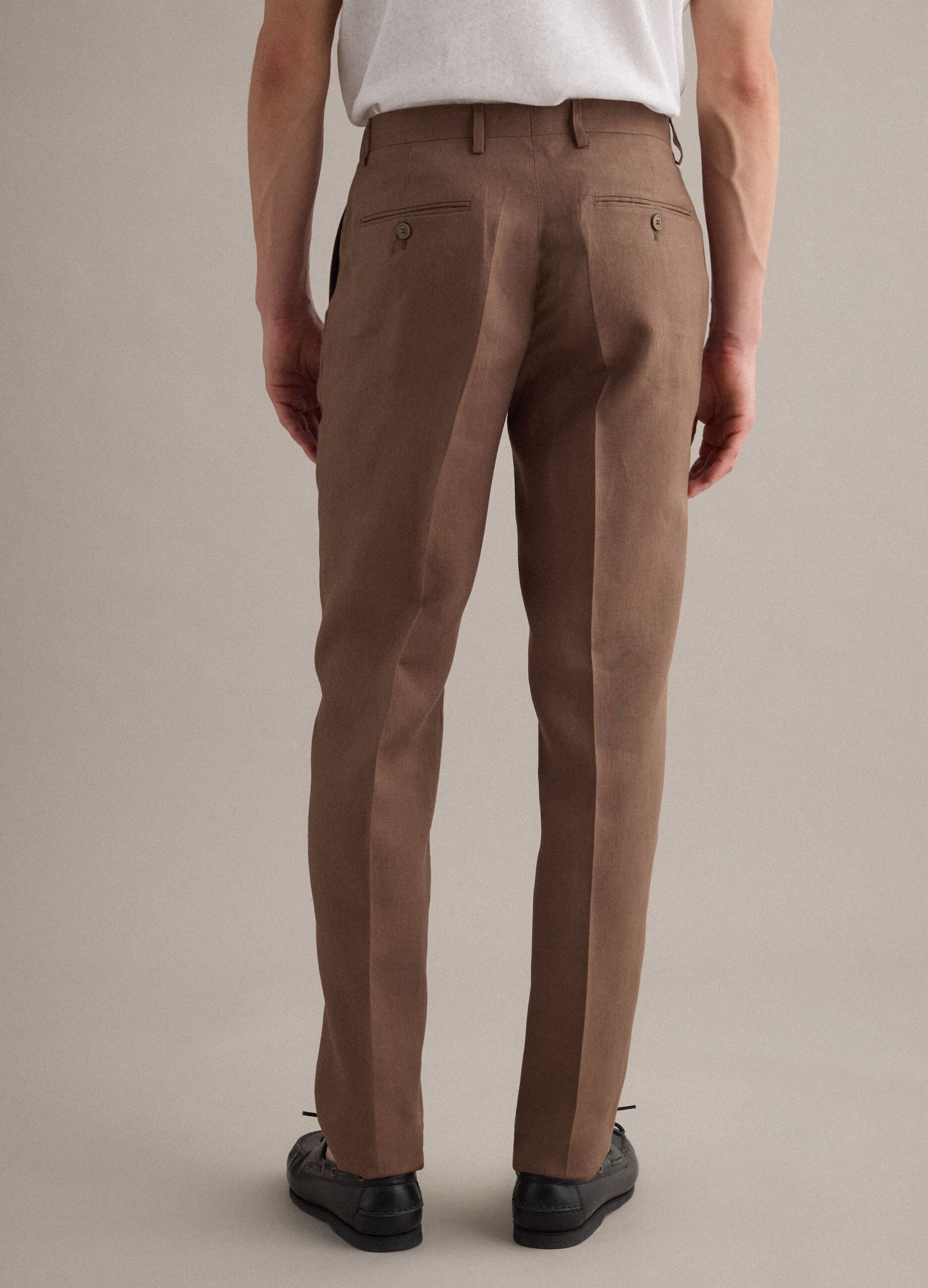 Brown pure linen slim-fit trousers