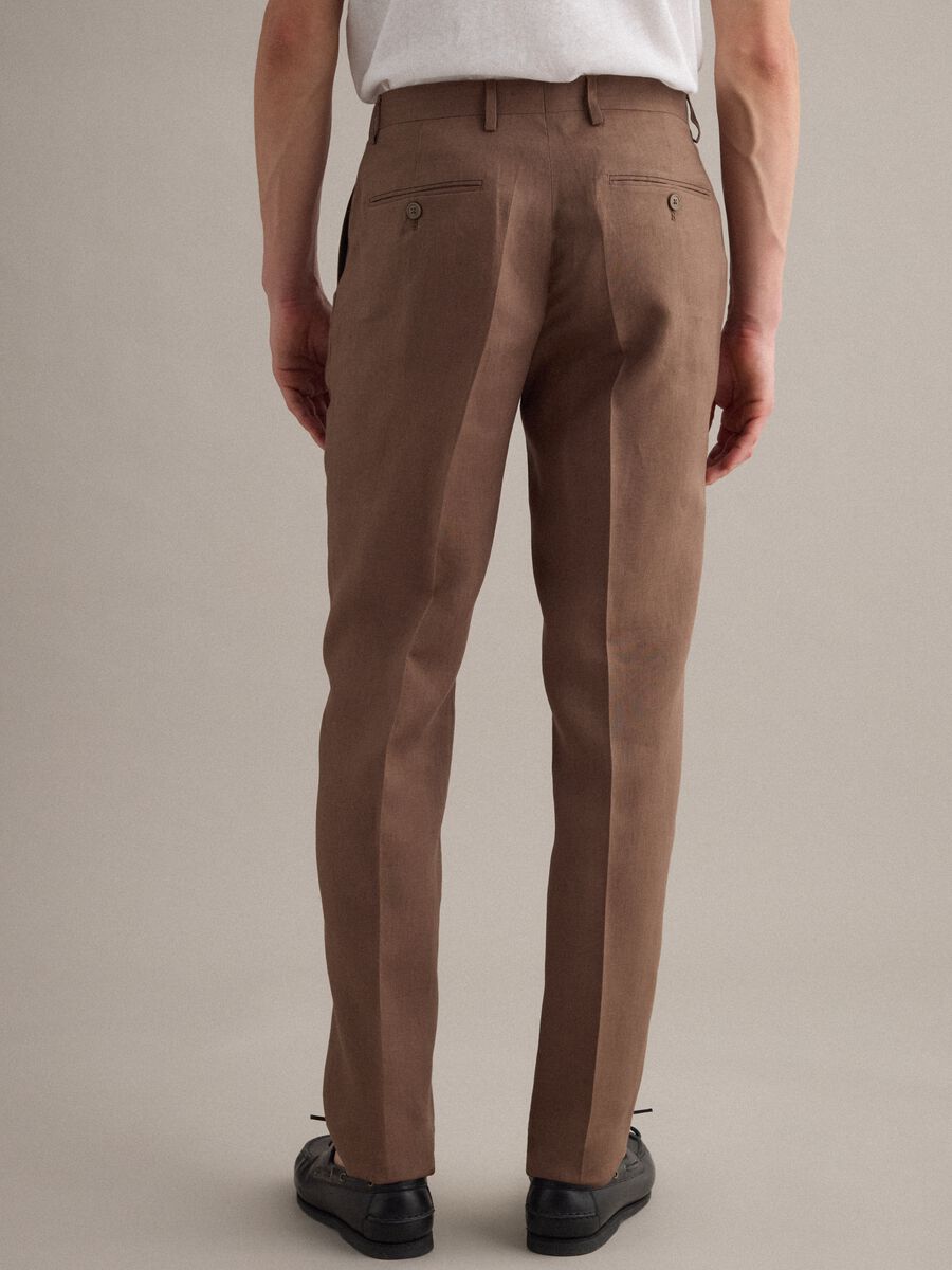 Pantaloni in puro lino marrone slim fit_2
