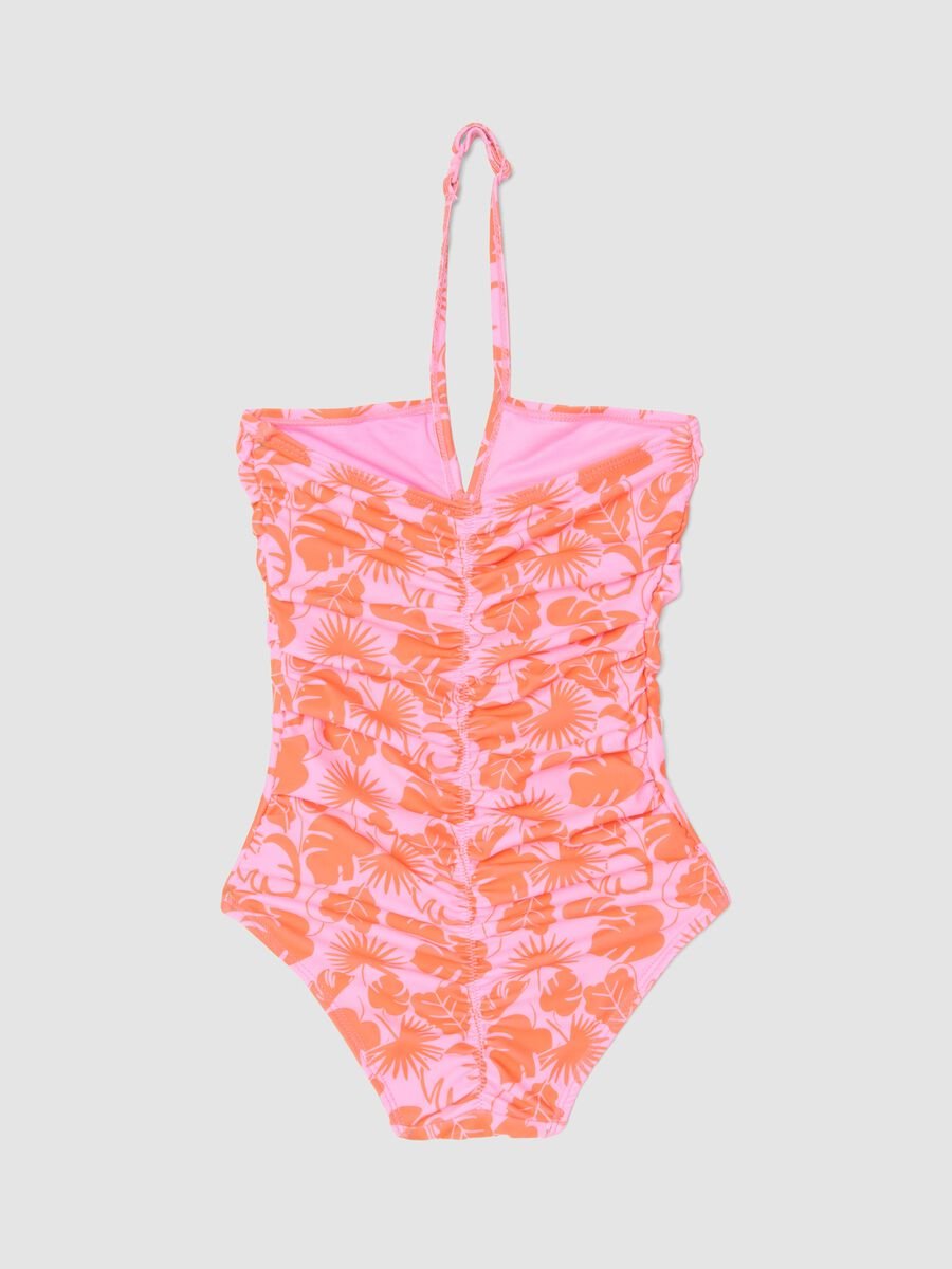 Costume intero rosa in tessuto elasticizzato con stampa tropicale per bambina_1