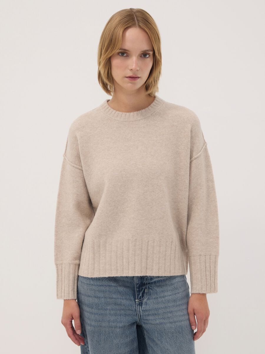 Beige crew-neck jumper in stretch fabric_1