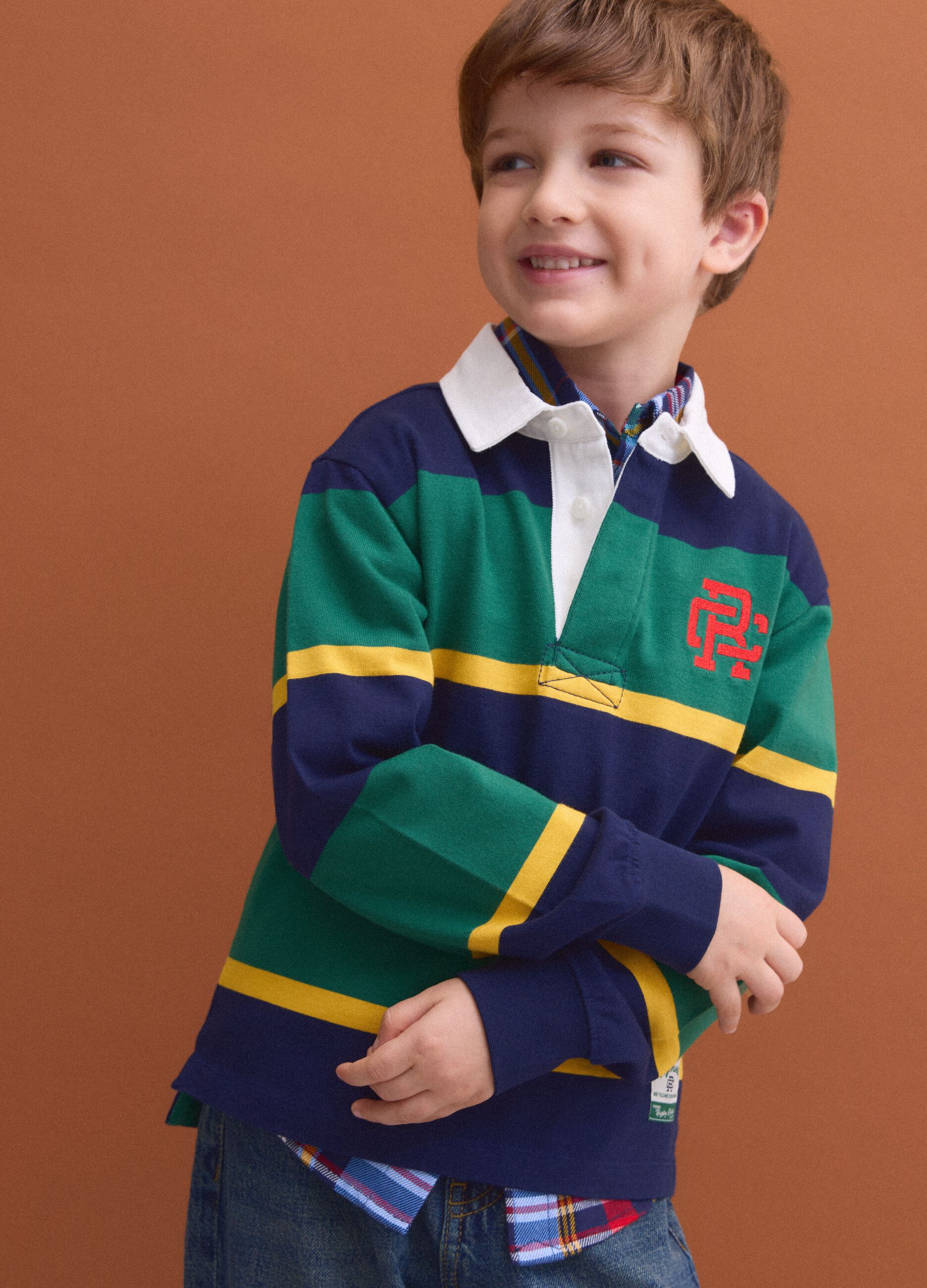 Boys&rsquo; multicolour pure cotton striped rugby polo with classic collar