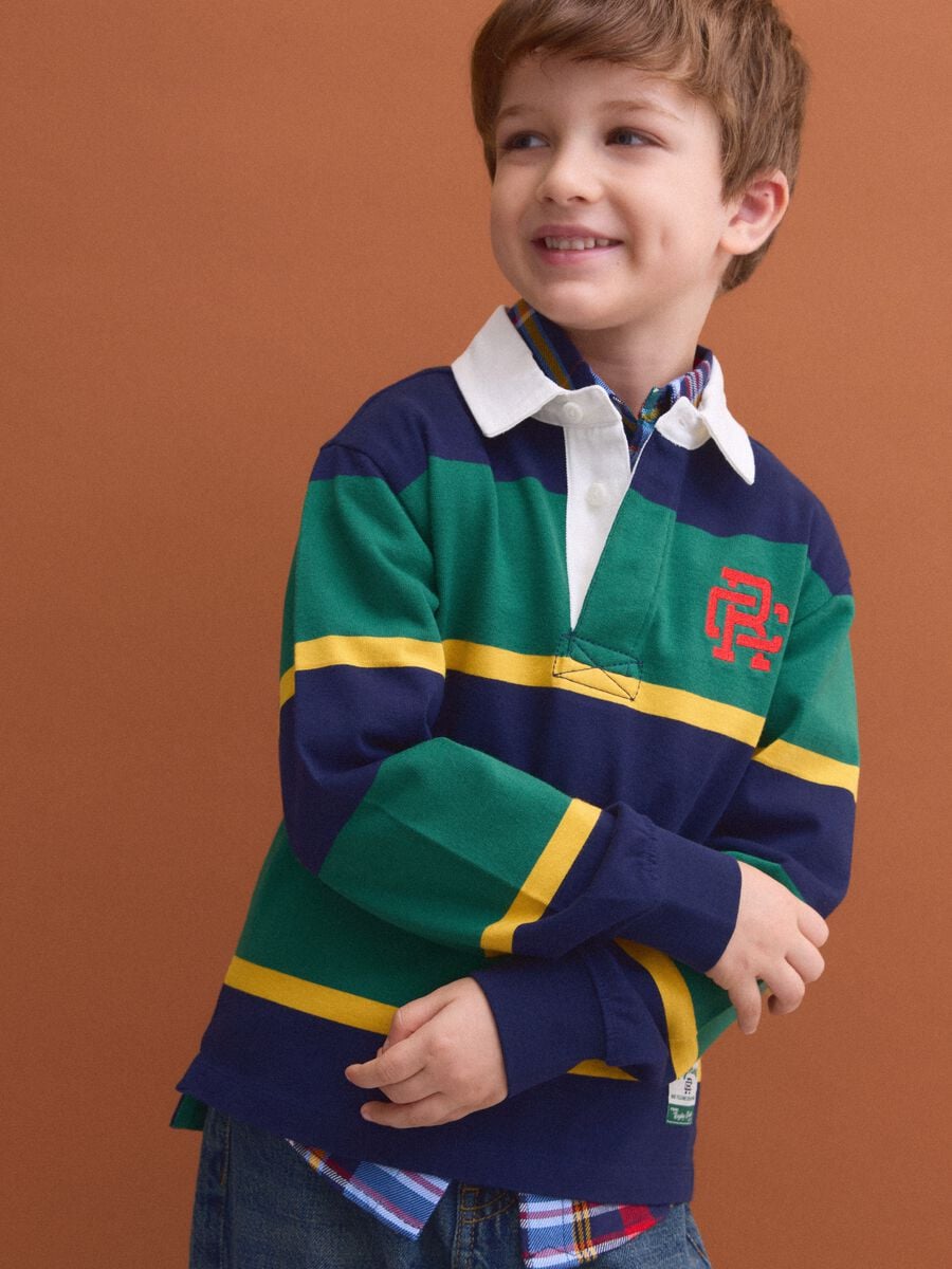 Polo rugby multicolor in puro cotone a righe con colletto classico per bambino_1