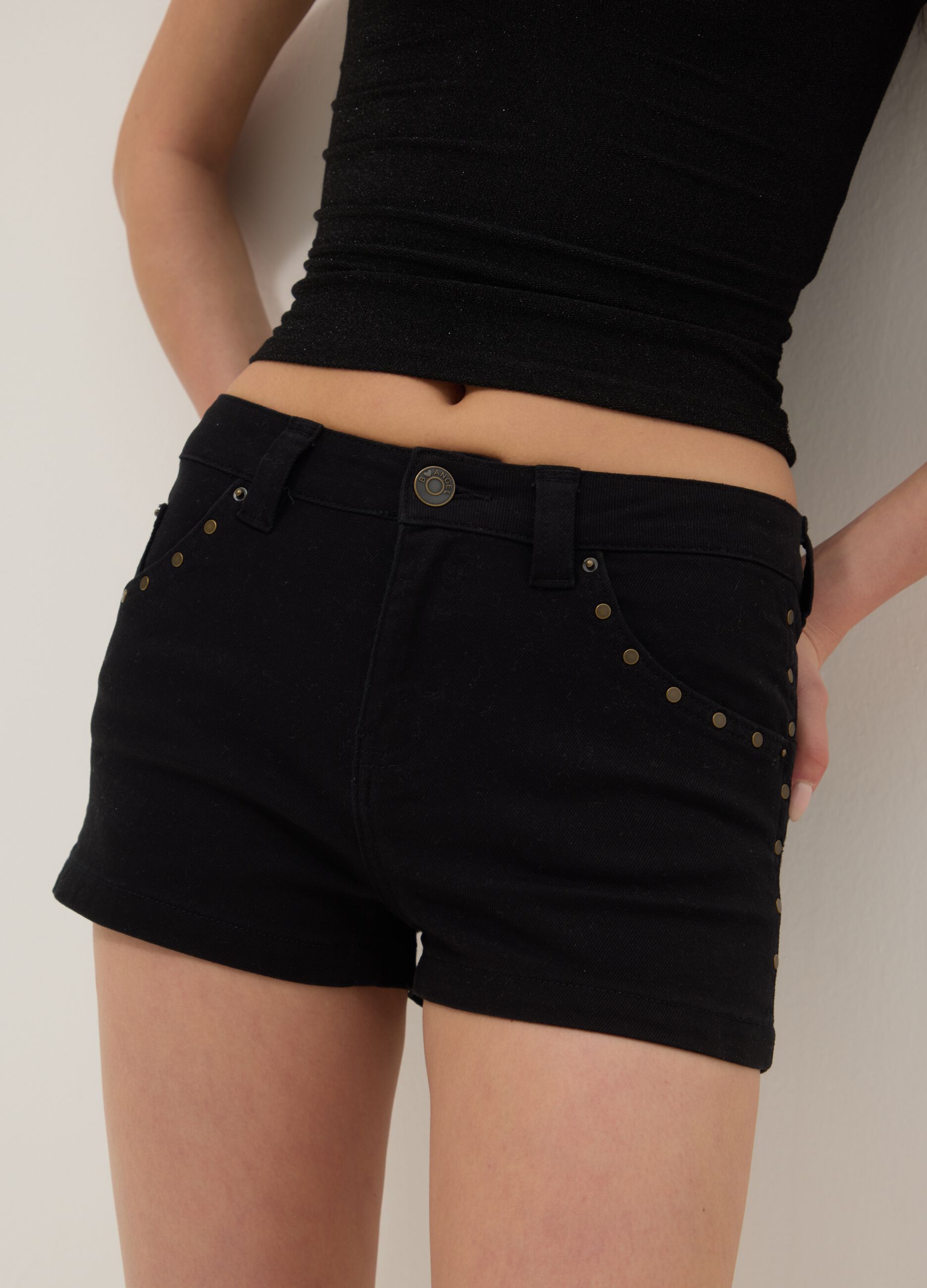 Black stretch cotton regular-fit shorts with studs