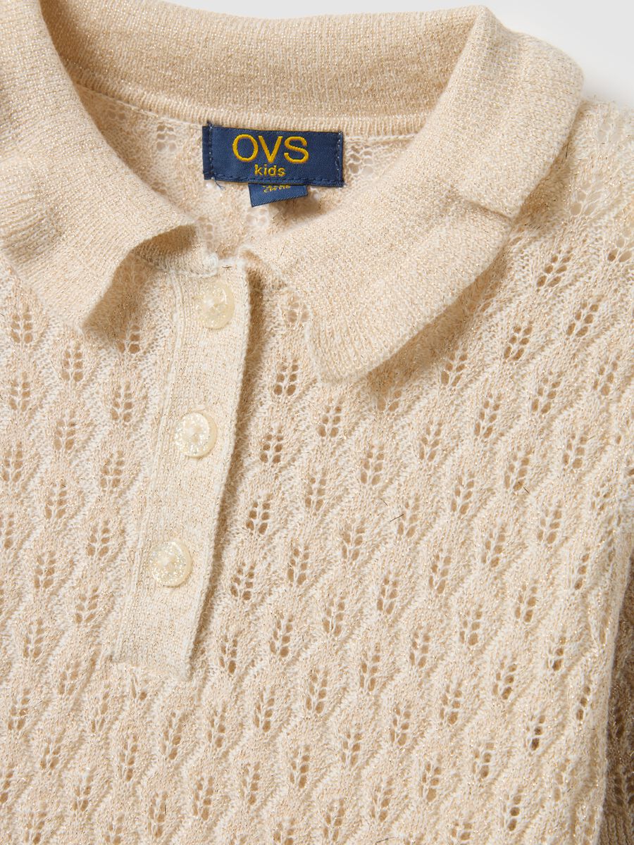 Beige cotton blend girl's polo with regular fit and eyelet detail_2