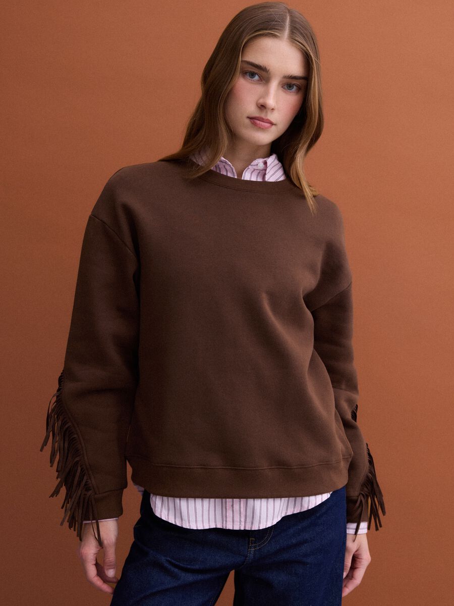 Brown cotton-blend crew-neck sweatshirt with fringes, regular fit_0