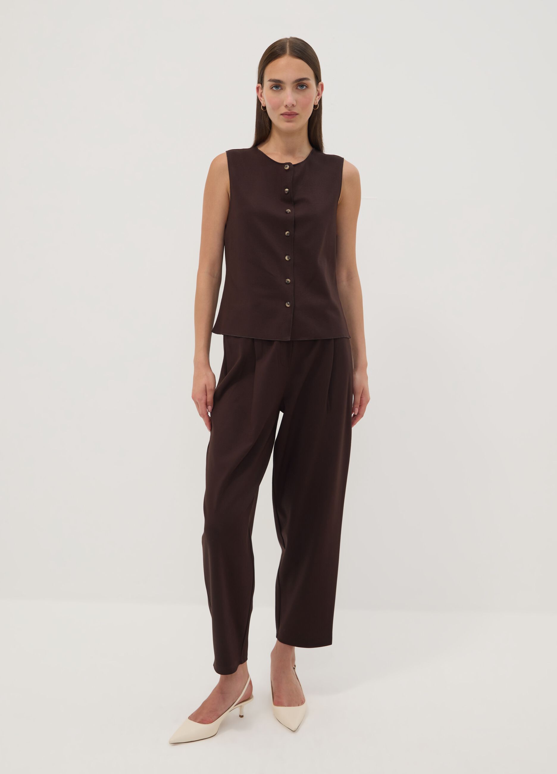 Gilet marrone in punto Milano di viscosa elasticizzata regular fit